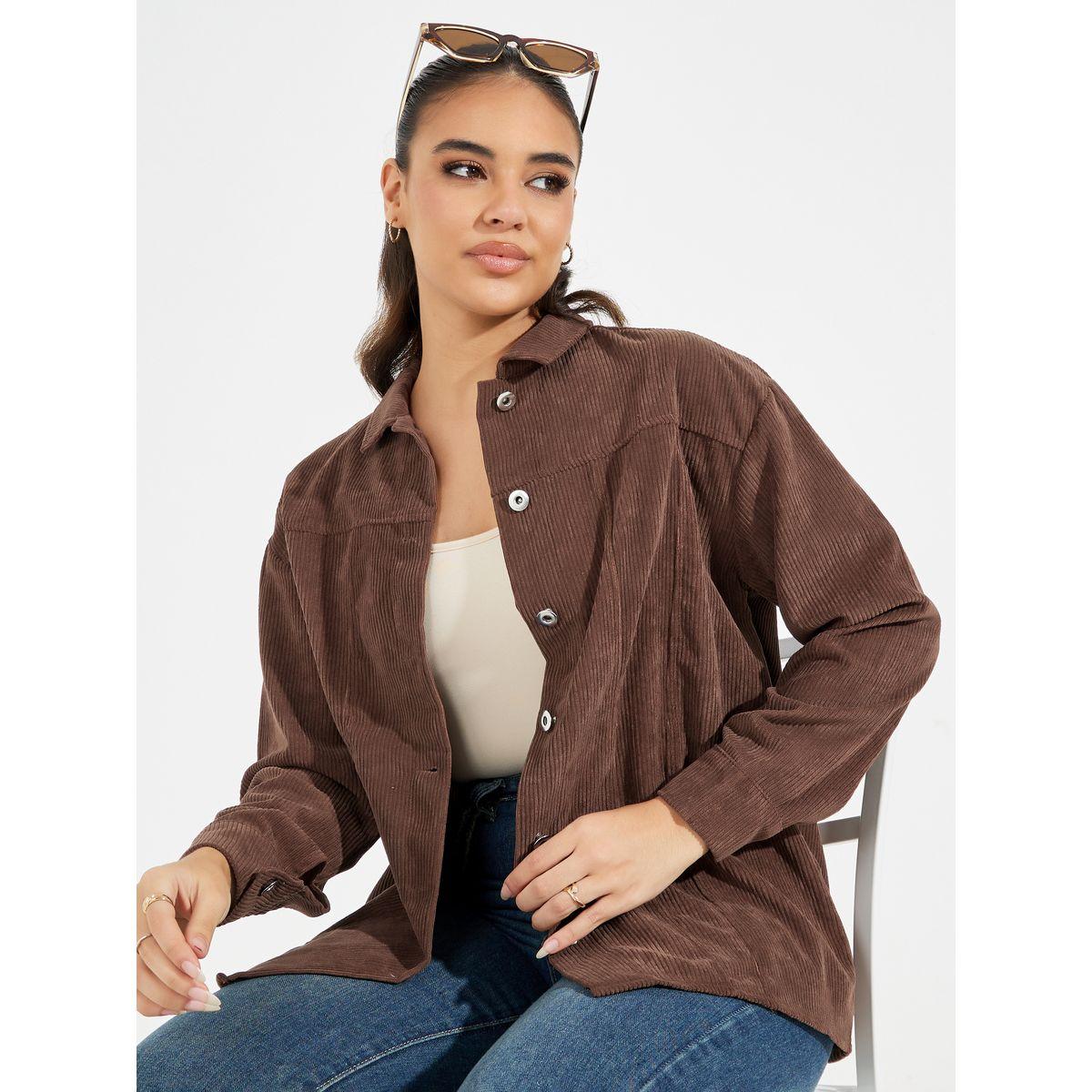 Styli Oversized Corduroy Shirt with Buttons-women-clothing-shirtsandblouses-shirts-image-1