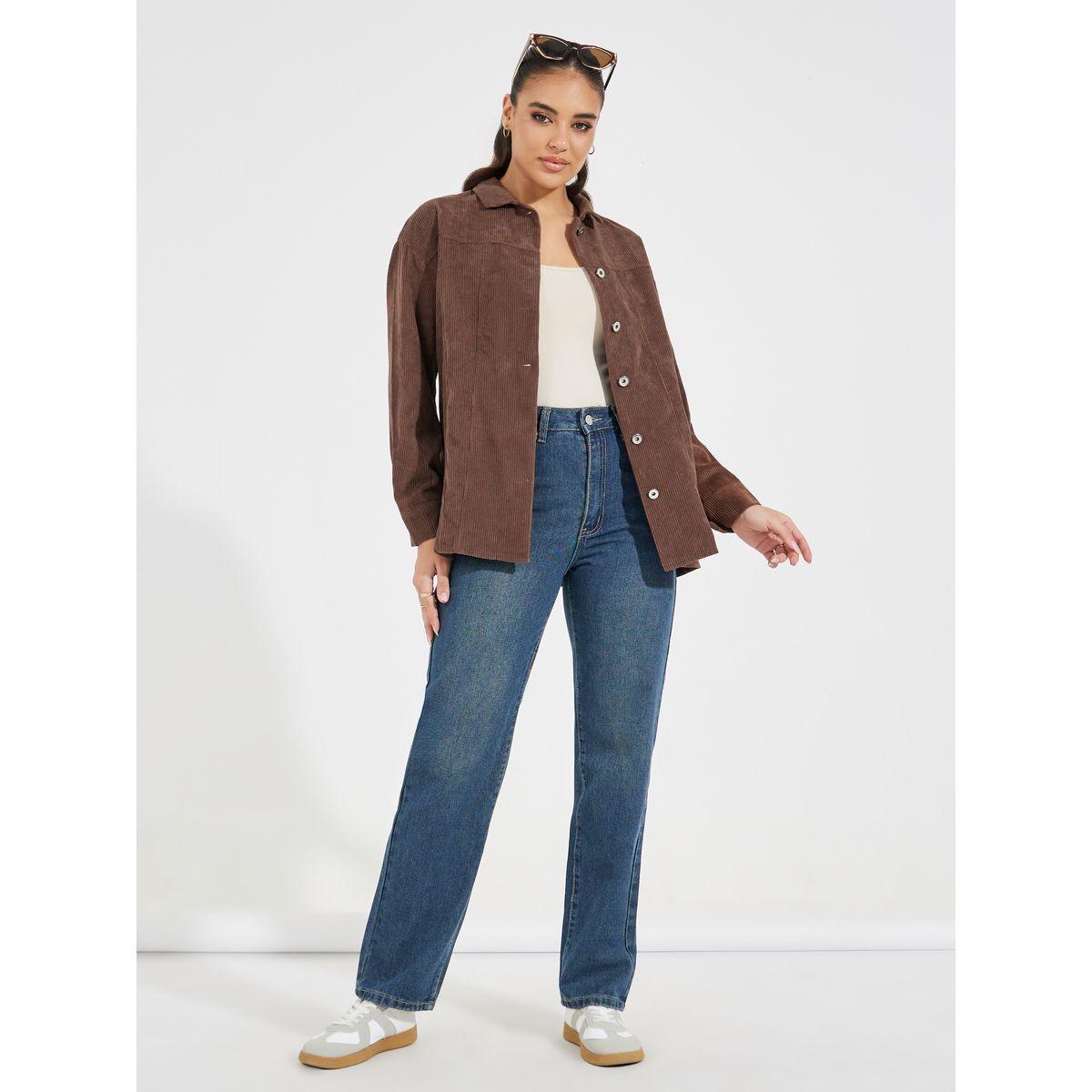 Styli Oversized Corduroy Shirt with Buttons-women-clothing-shirtsandblouses-shirts-image-2