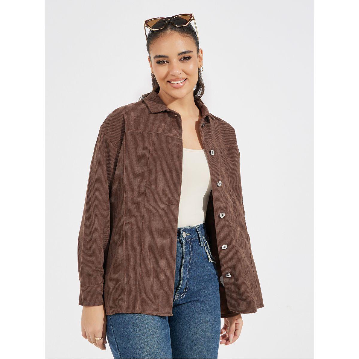 Styli Oversized Corduroy Shirt with Buttons-women-clothing-shirtsandblouses-shirts-image-3