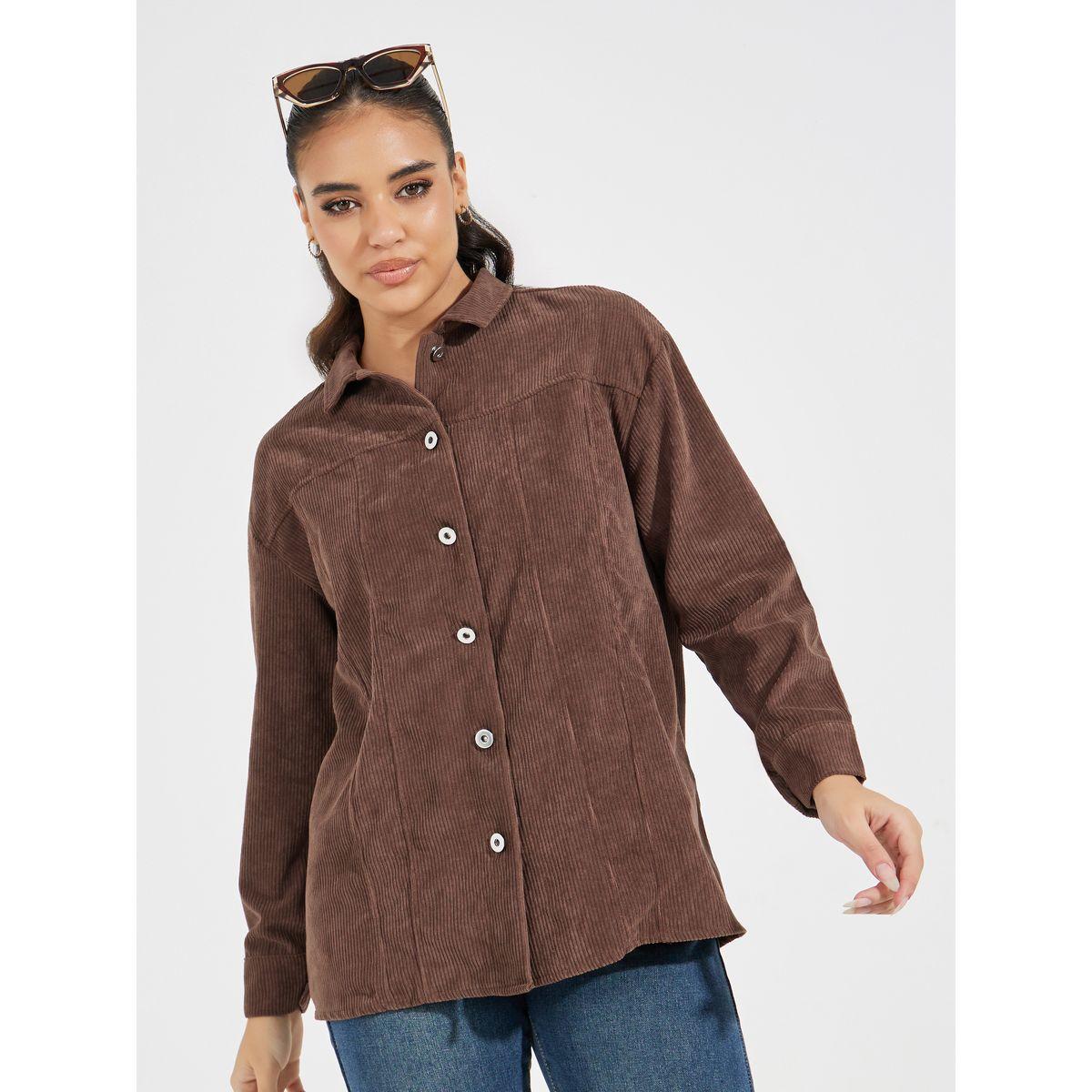 Styli Oversized Corduroy Shirt with Buttons-women-clothing-shirtsandblouses-shirts-image-4