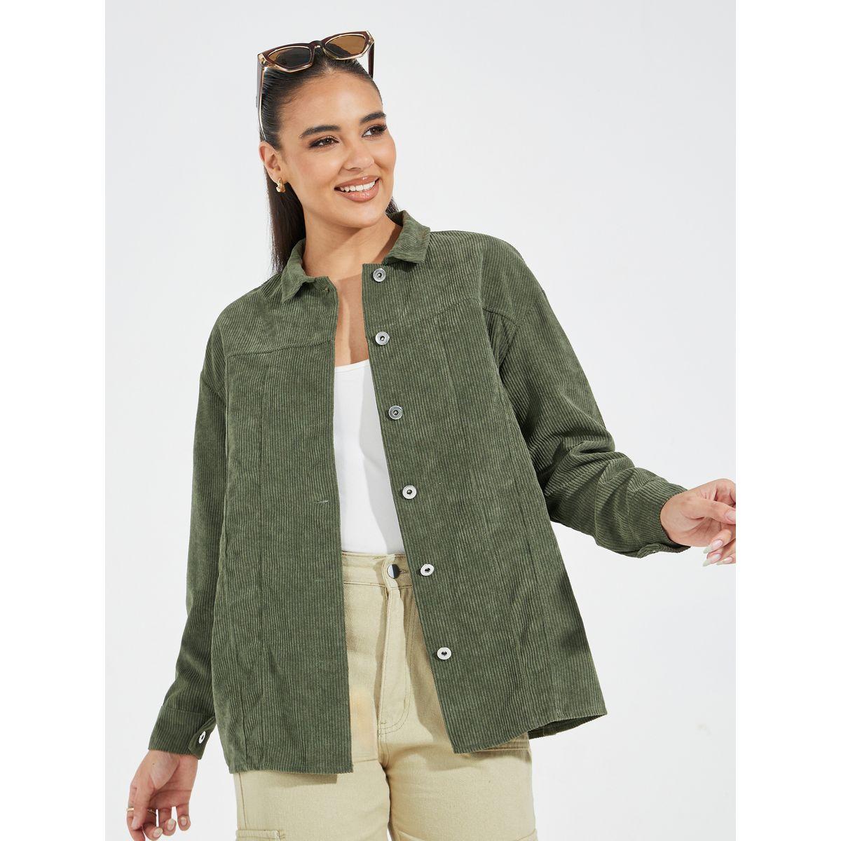 Styli Oversized Corduroy Shirt with Buttons-women-clothing-shirtsandblouses-shirts-image-1
