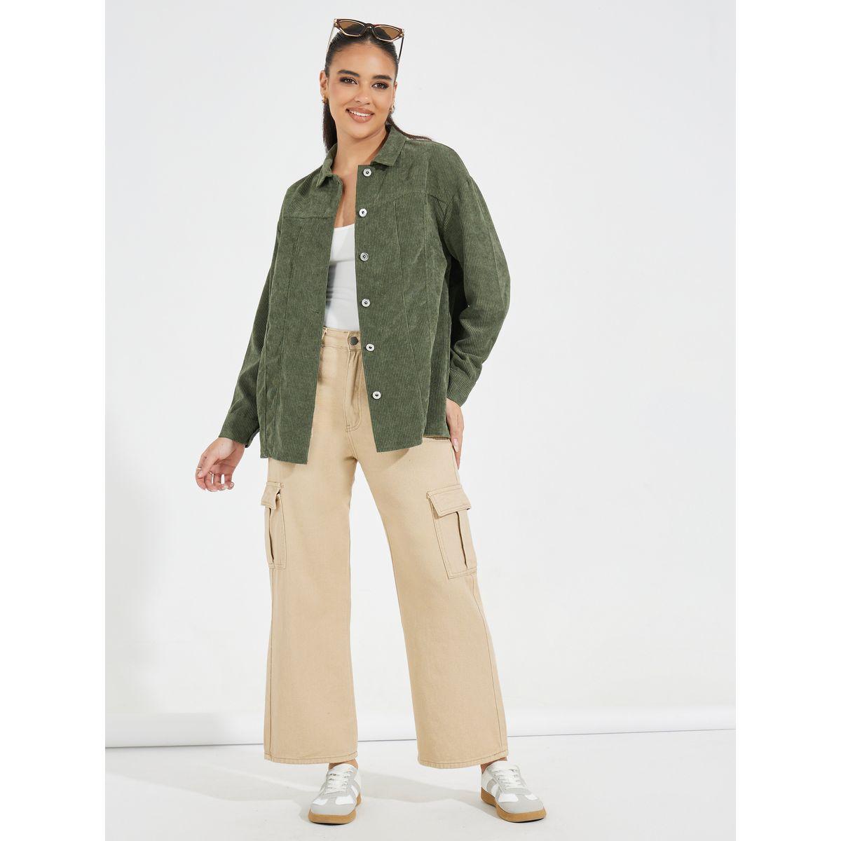 Styli Oversized Corduroy Shirt with Buttons-women-clothing-shirtsandblouses-shirts-image-2
