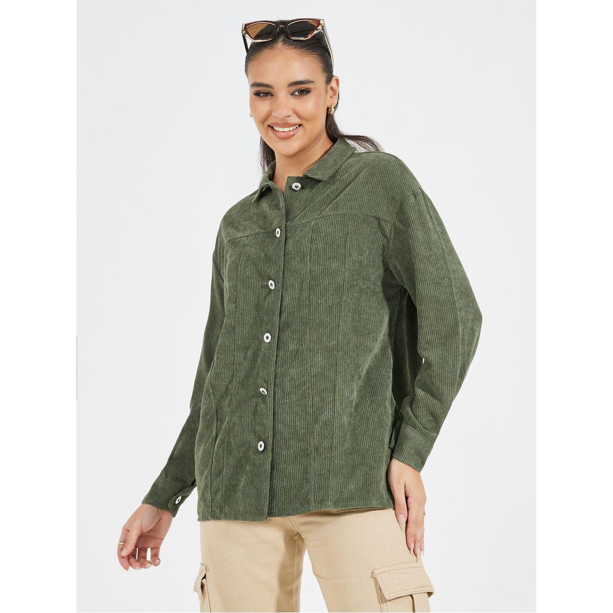 Styli Oversized Corduroy Shirt with Buttons-women-clothing-shirtsandblouses-shirts-image-3
