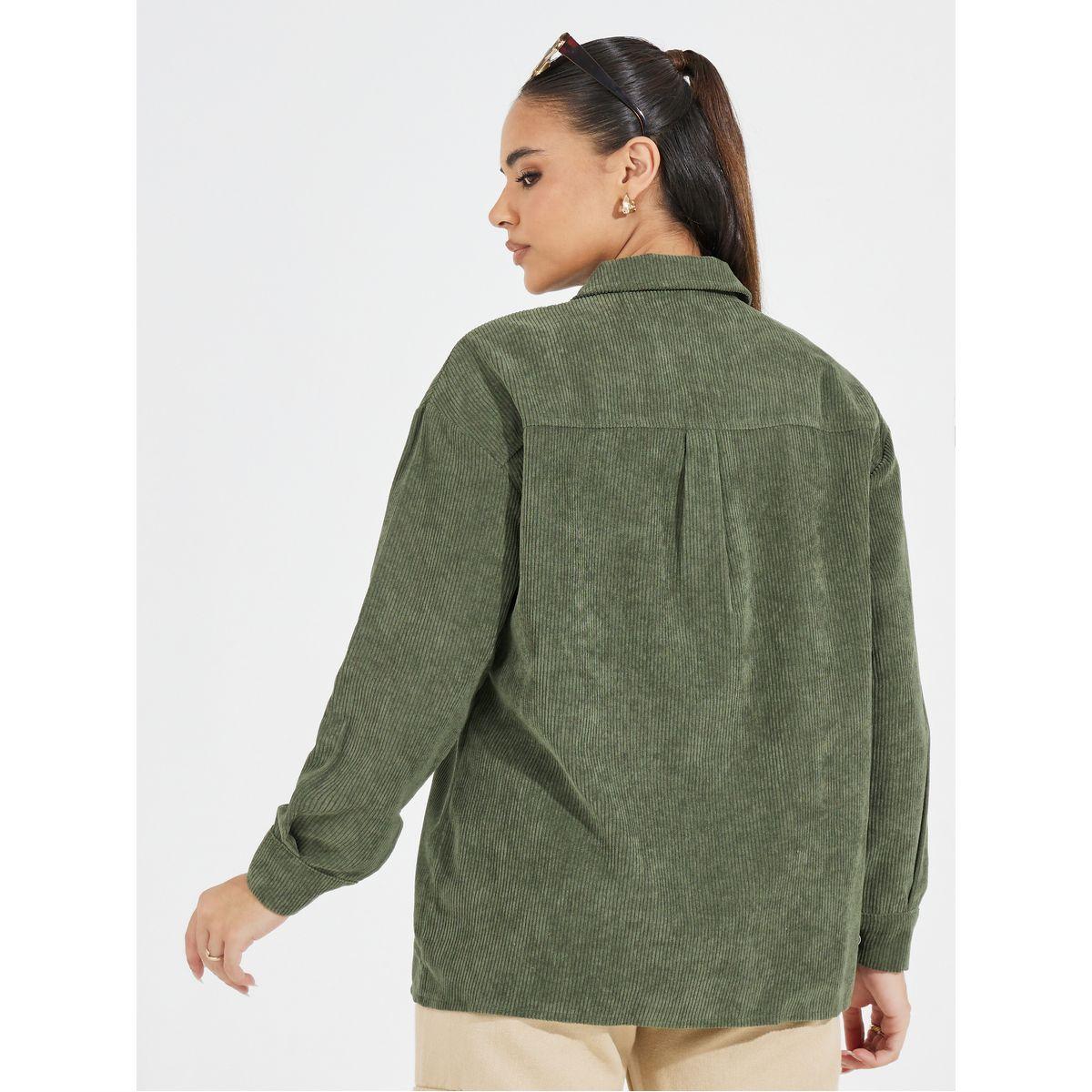 Styli Oversized Corduroy Shirt with Buttons-women-clothing-shirtsandblouses-shirts-image-5