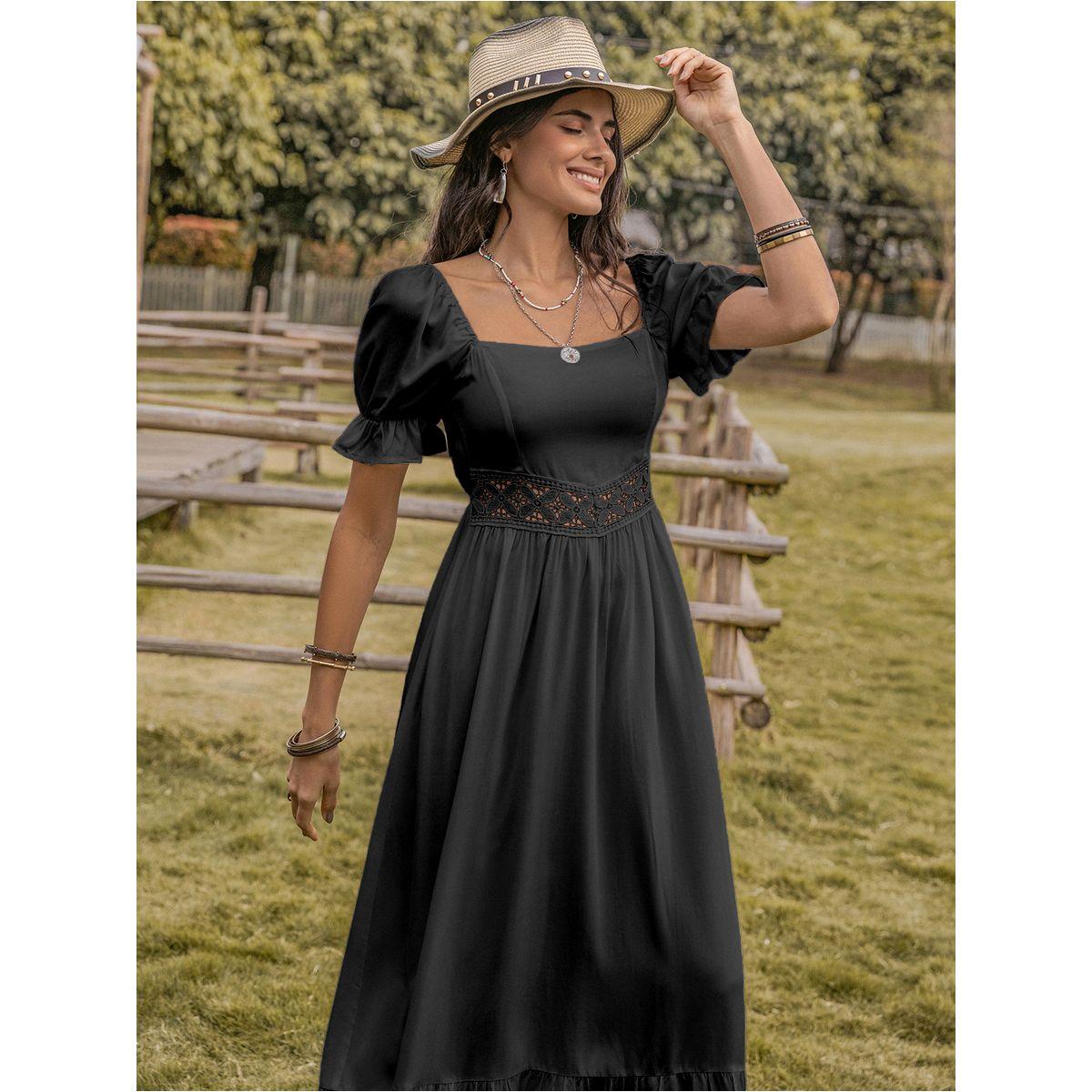 فستان طويل بتفاصيل دانتيل مع ياقة مربعة رَستي دَستي × ستايلي-women-clothing-dresses-image-3