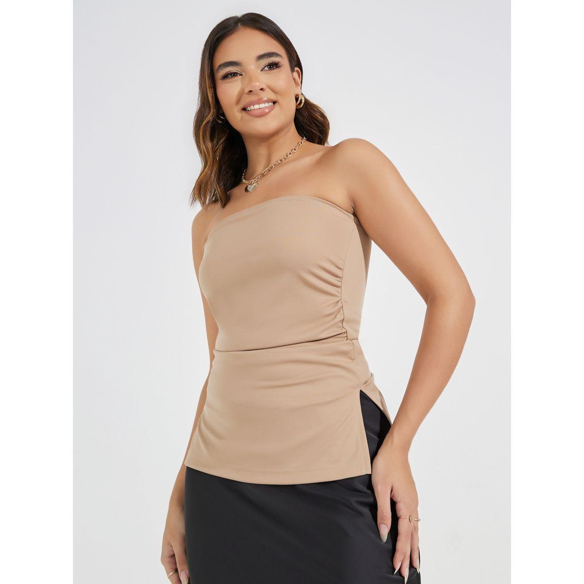 بلوزة مُجسمة بياقة باندو وتفاصيل مزمومة-women-clothing-tshirts-image-1