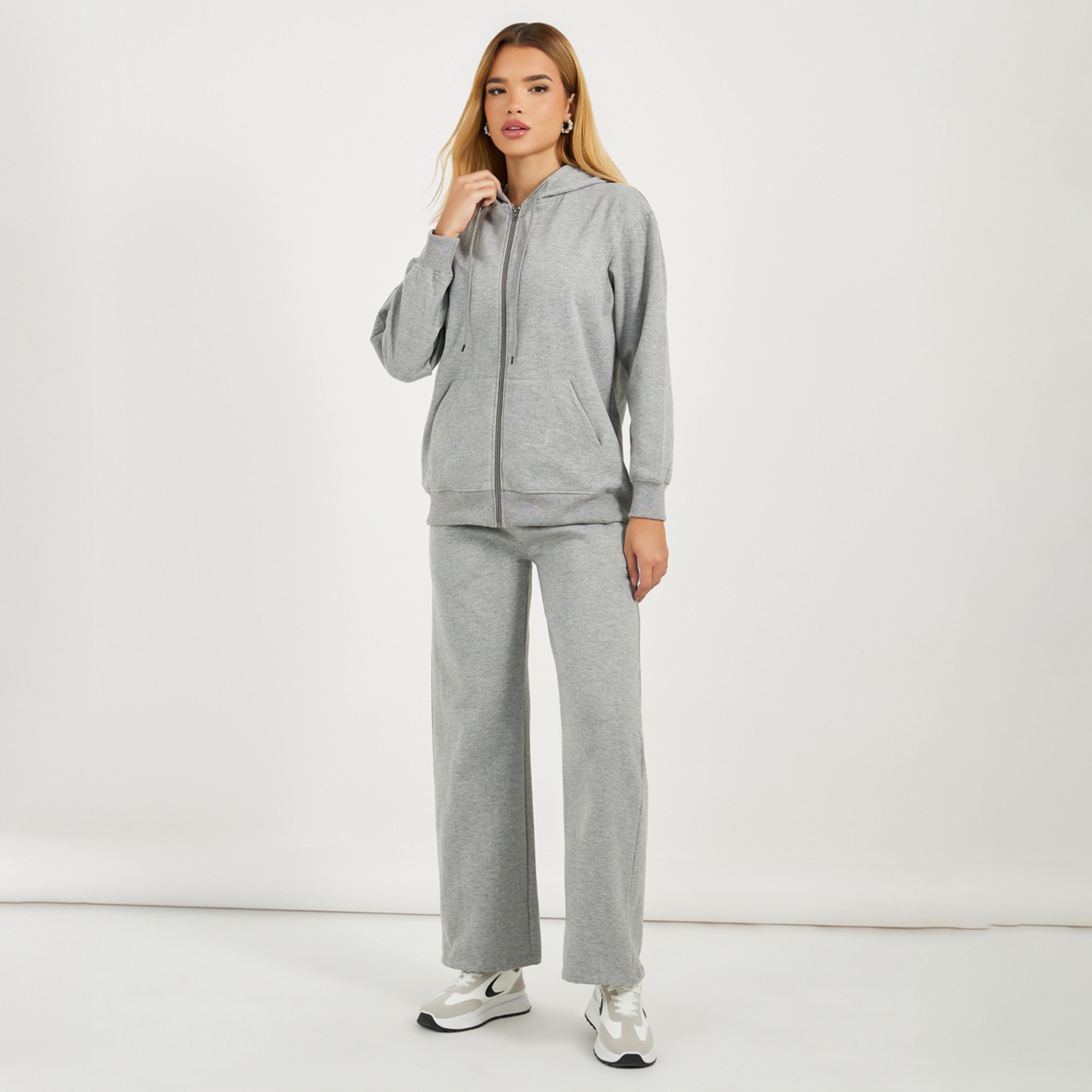 Styli Solid Front Zip Hoodie and Wide Leg Joggers Co-Ords-women-clothing-coordsets-image-1