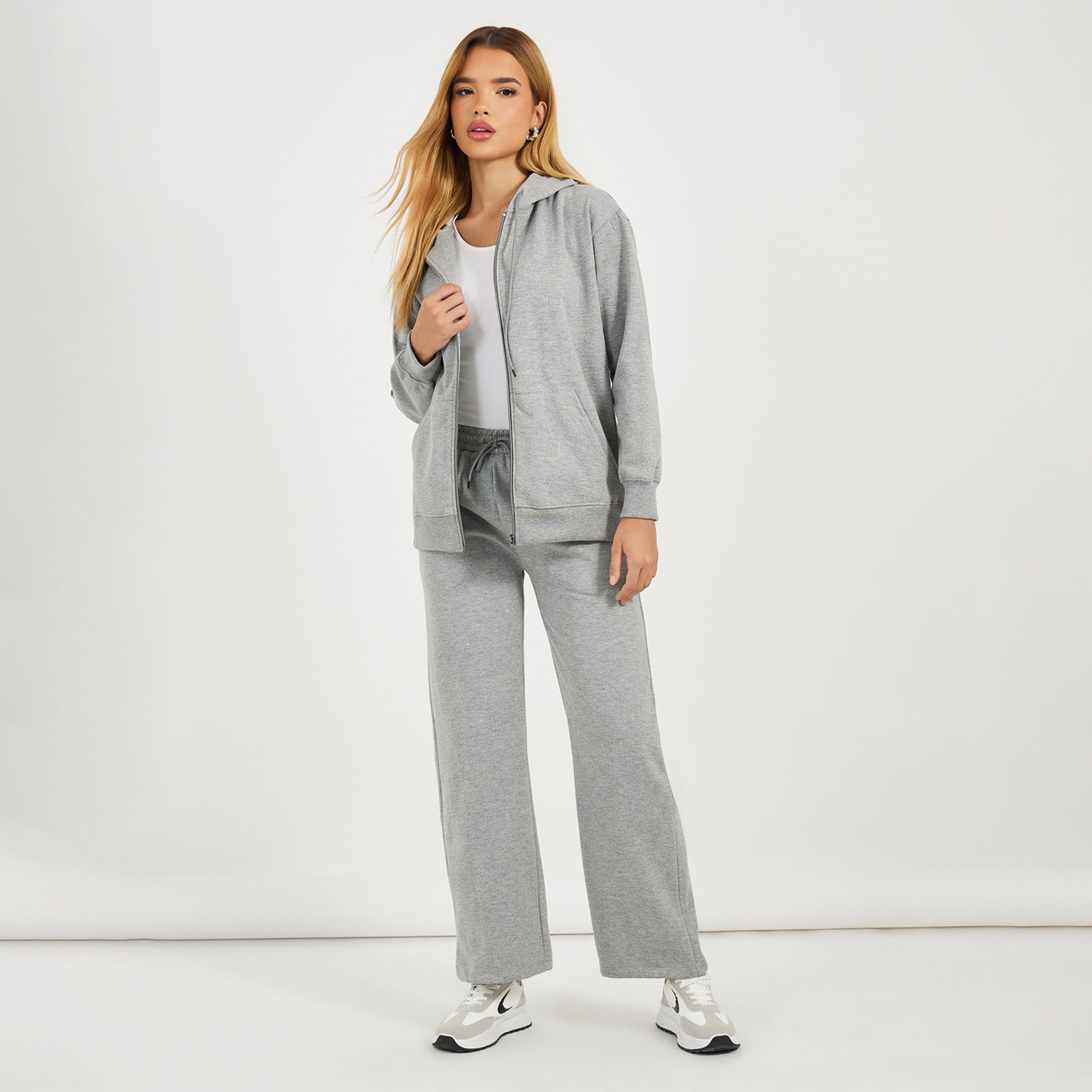 Styli Solid Front Zip Hoodie and Wide Leg Joggers Co-Ords-women-clothing-coordsets-image-3