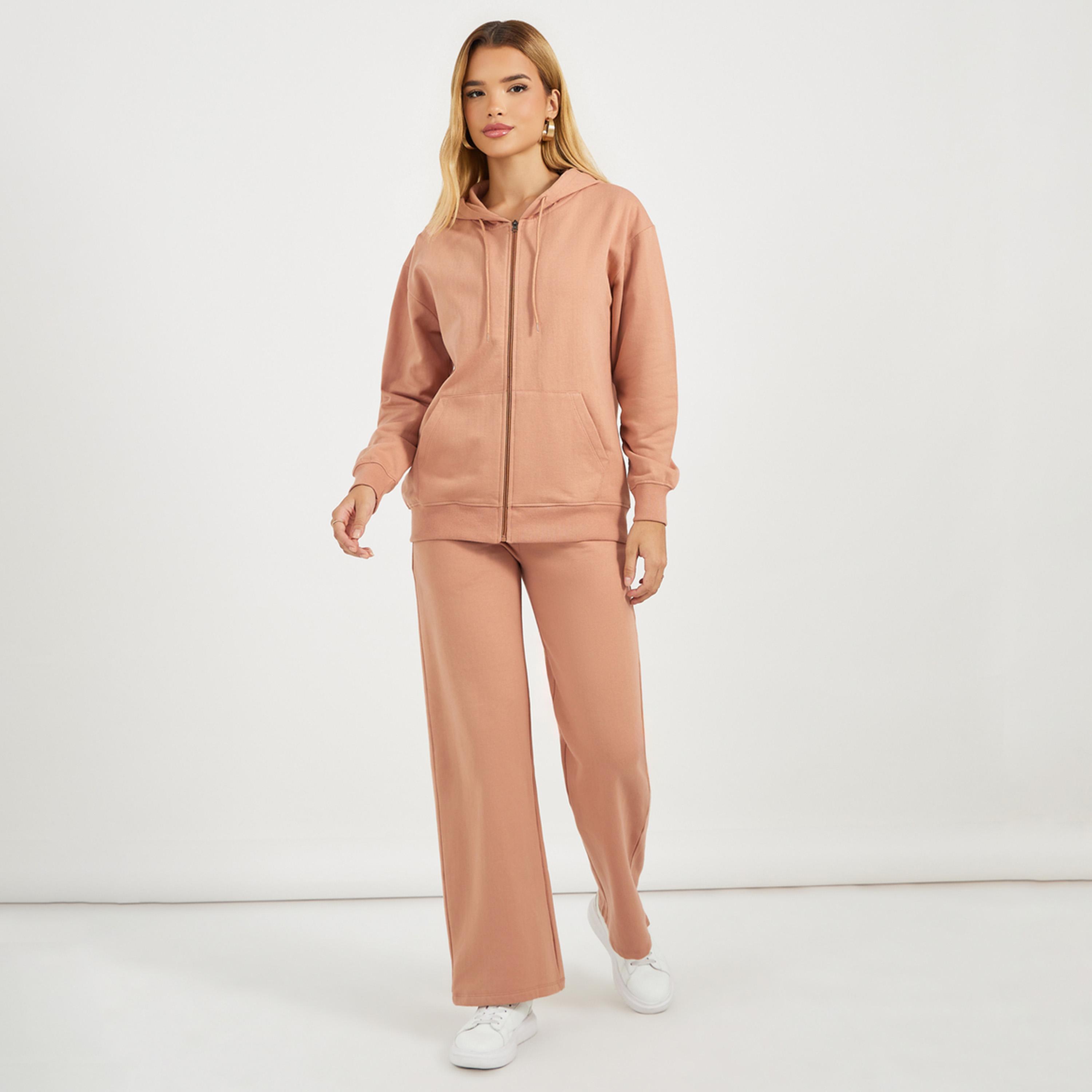 Styli Solid Front Zip Hoodie and Wide Leg Joggers Co-Ords-women-clothing-coordsets-image-1