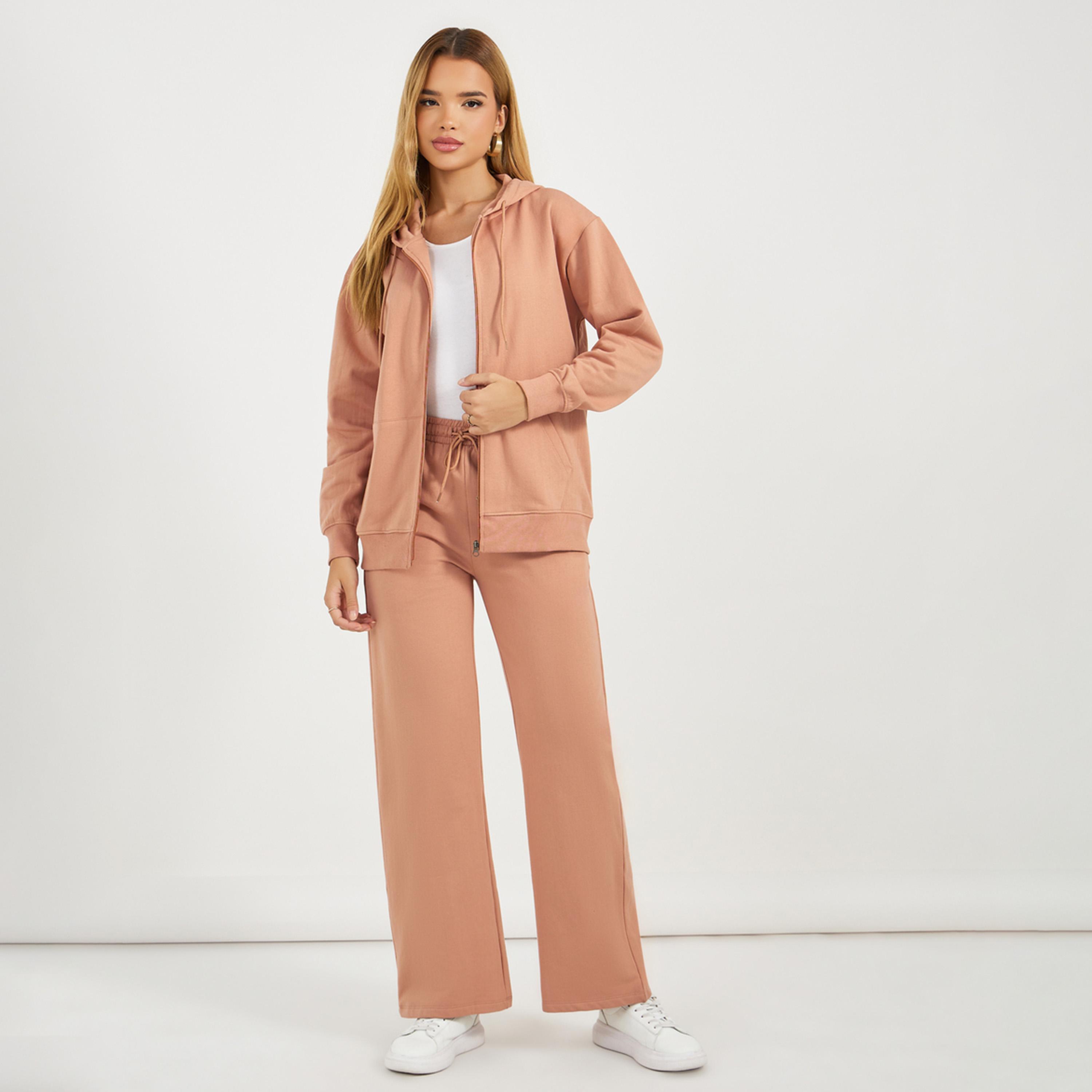 ستايلي - طقم هودي بسحاب أمامي سادة وبنطال رياضي واسع الساق-women-clothing-coordsets-image-2