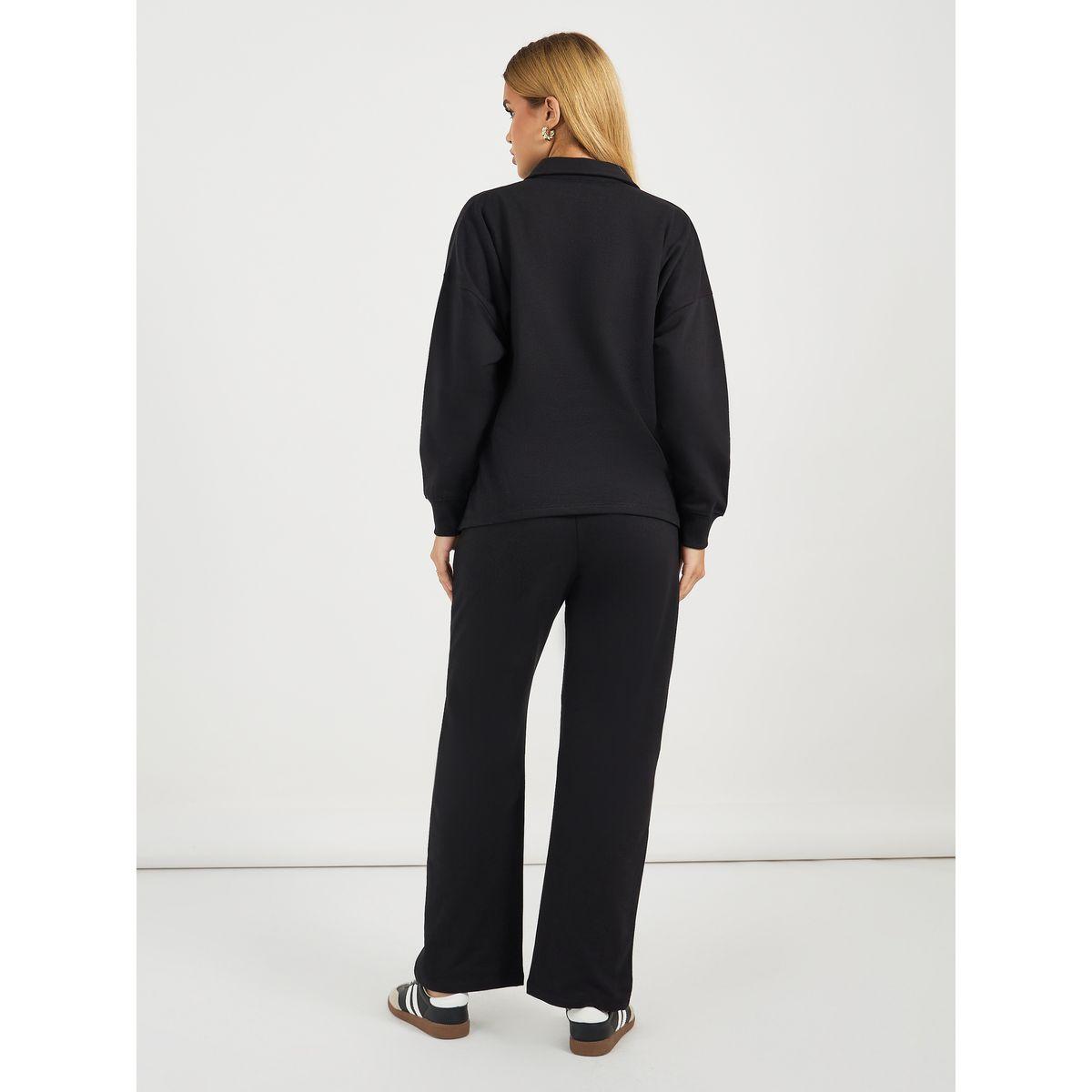 طقم منسق من بنطال وتيشيرت بولو سادة بأكمام طويلة-women-clothing-coordsets-image-6