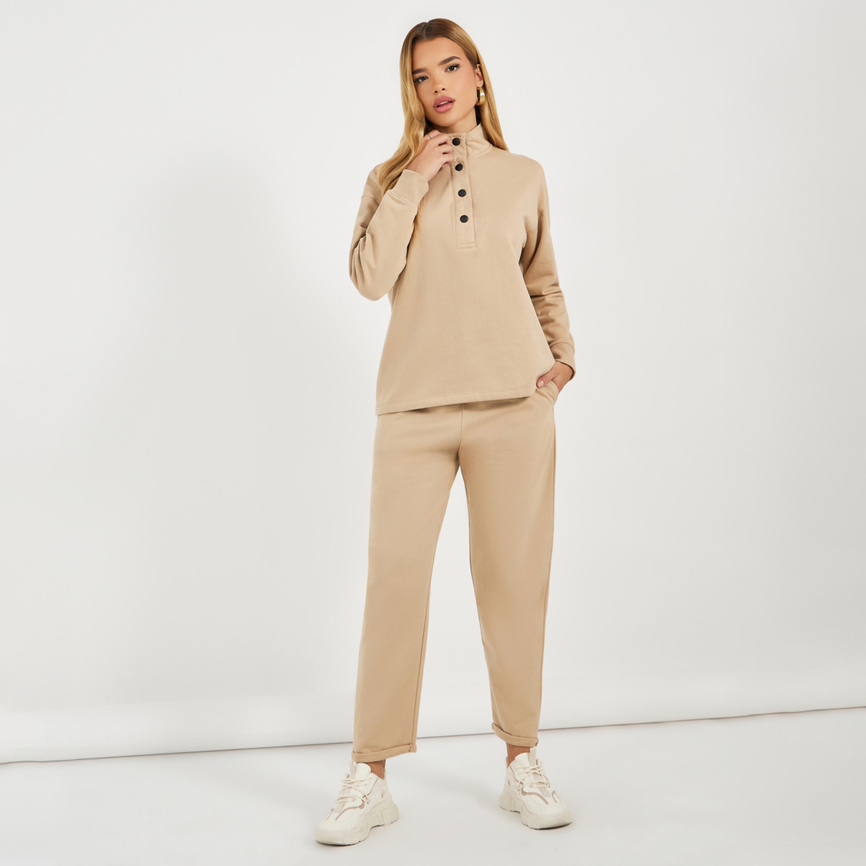 Styli Snap Button Placket Sweatshirt and Cuffed Joggers Co-Ords-women-clothing-coordsets-image-1