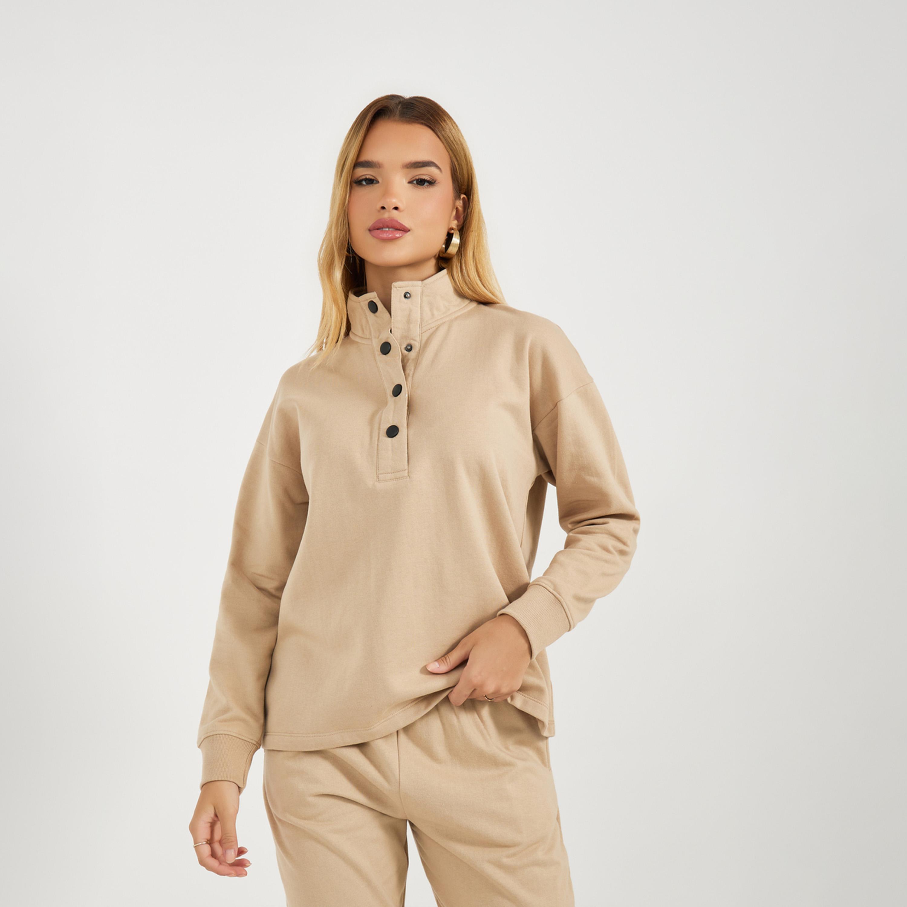 Styli Snap Button Placket Sweatshirt and Cuffed Joggers Co-Ords-women-clothing-coordsets-image-2