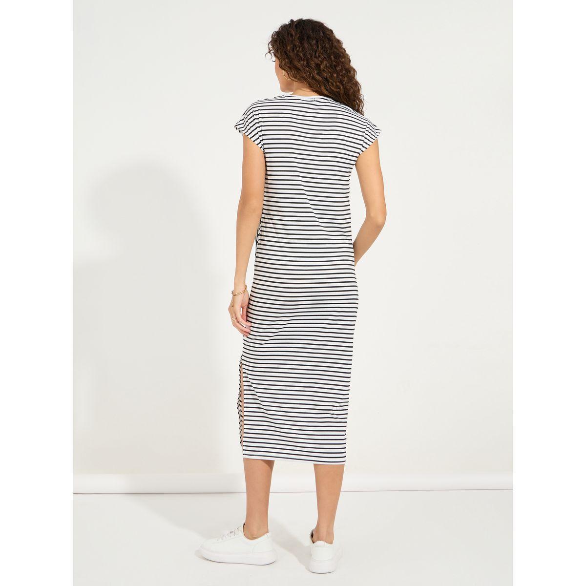 Styli Striped T-Shirt Midi Dress with Side Slit-women-clothing-dresses-image-6