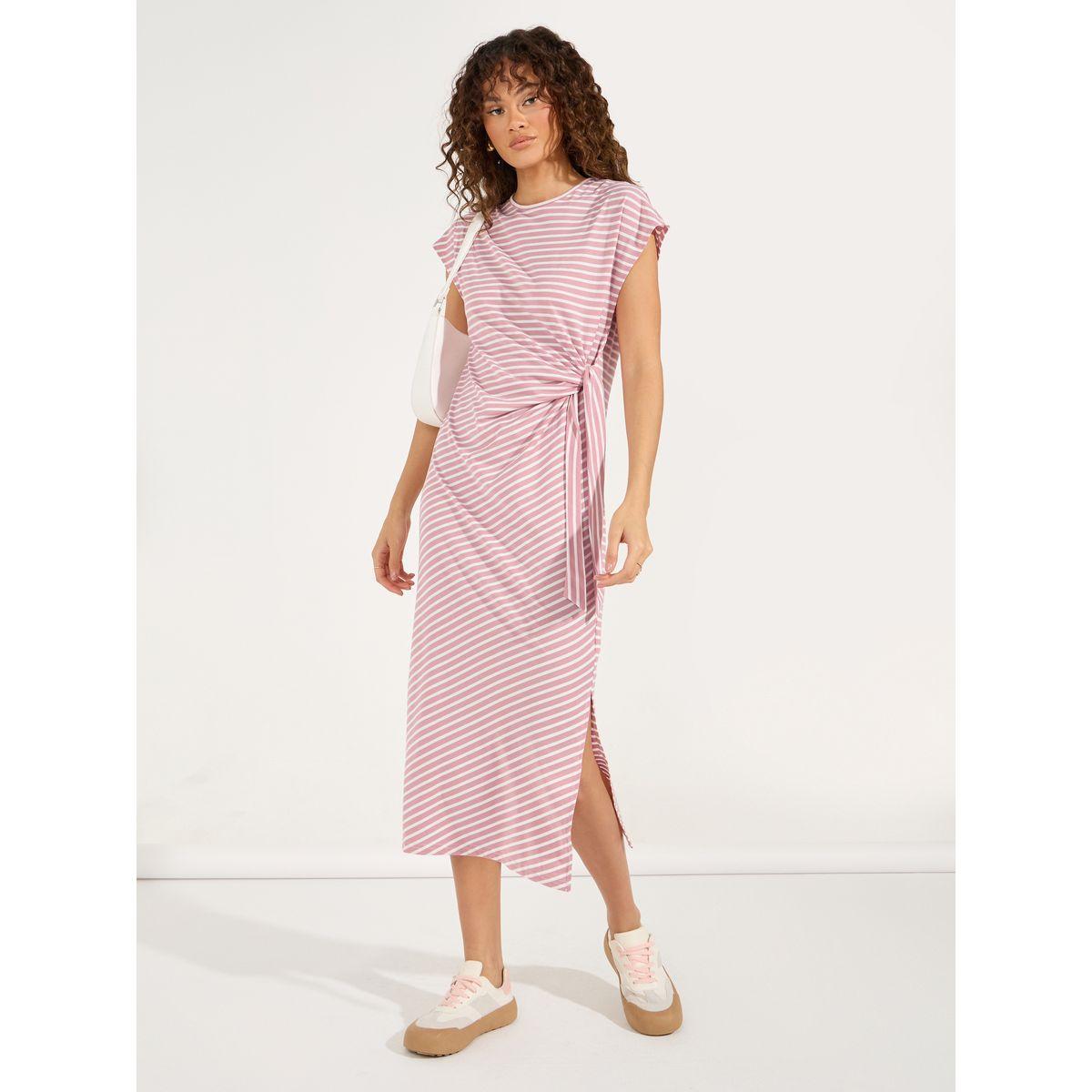 Styli Striped T-Shirt Midi Dress with Side Slit-women-clothing-dresses-image-4