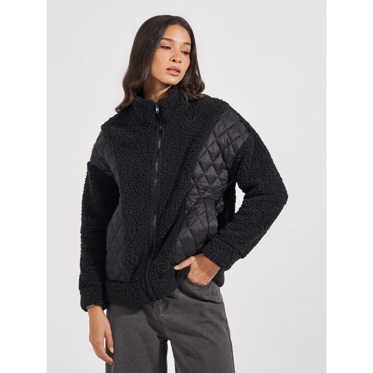 Styli Regular Fit Mixed Fabric Bomber Jacket-women-winterwear-coatsandjackets-jackets-image-1
