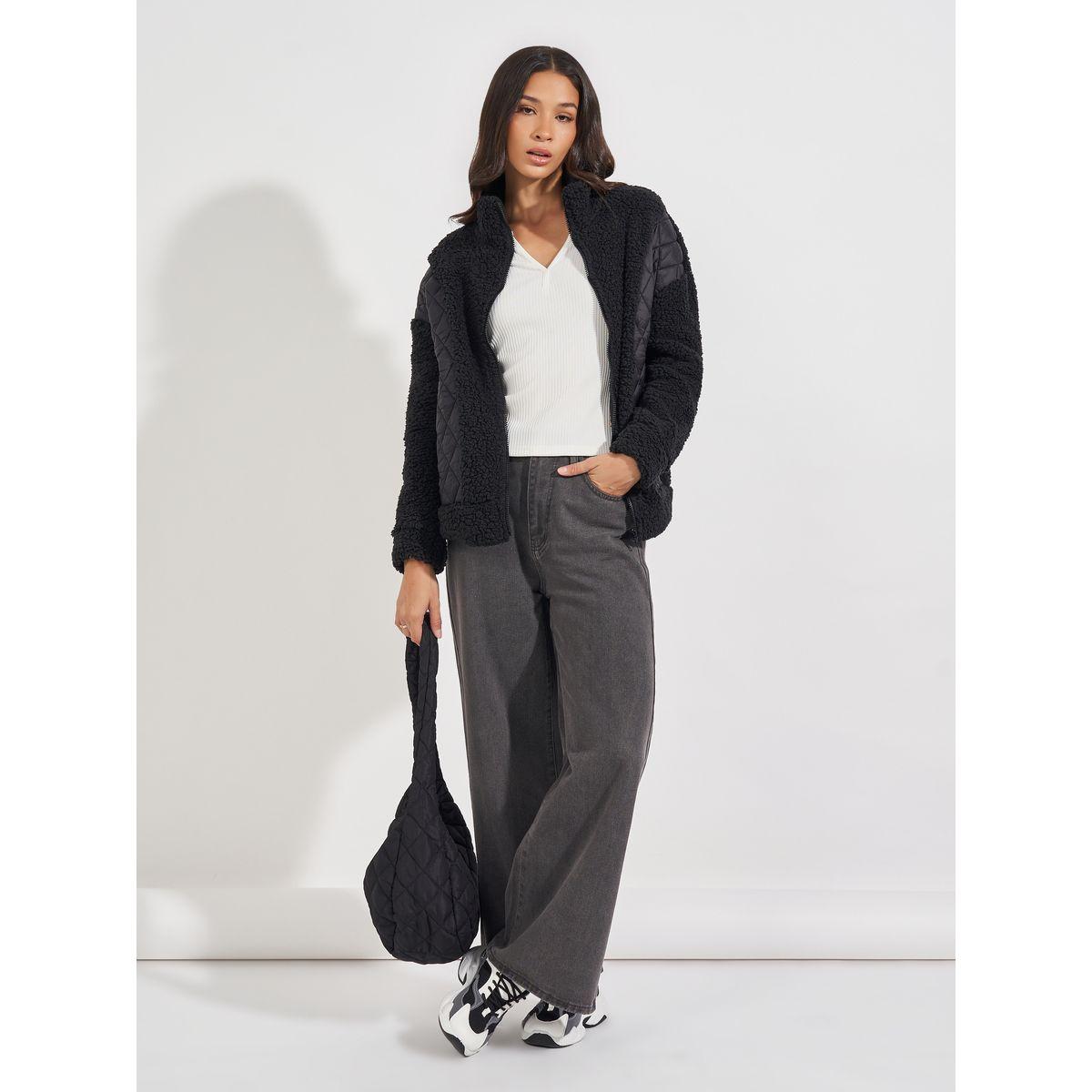 Styli Regular Fit Mixed Fabric Bomber Jacket-women-winterwear-coatsandjackets-jackets-image-2