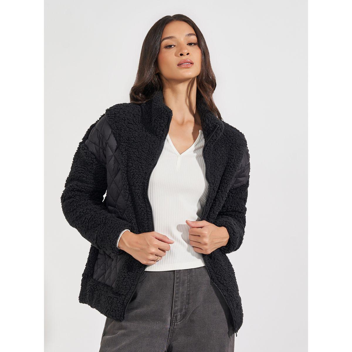 Styli Regular Fit Mixed Fabric Bomber Jacket-women-winterwear-coatsandjackets-jackets-image-3