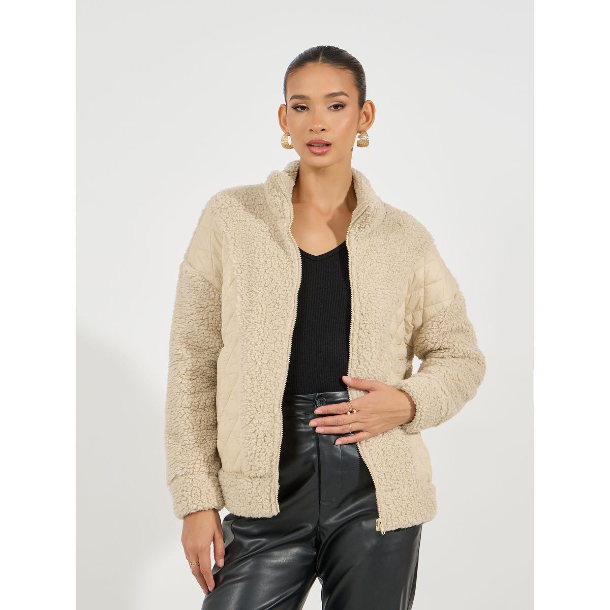 Styli Regular Fit Mixed Fabric Bomber Jacket-women-winterwear-coatsandjackets-jackets-image-2