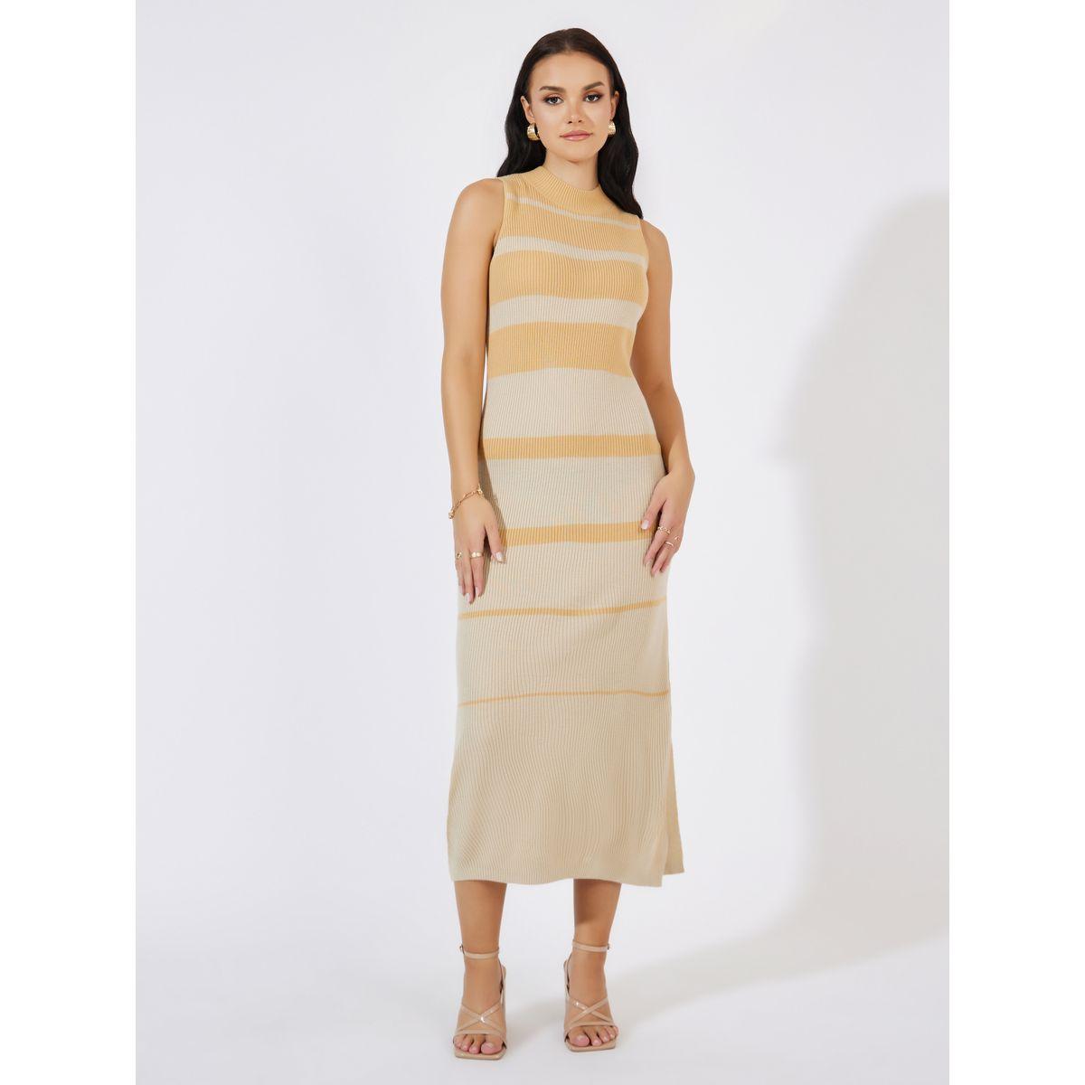 فستان ميدي ضيق بتفاصيل محبوك وشق جانبي-women-clothing-dresses-image-1