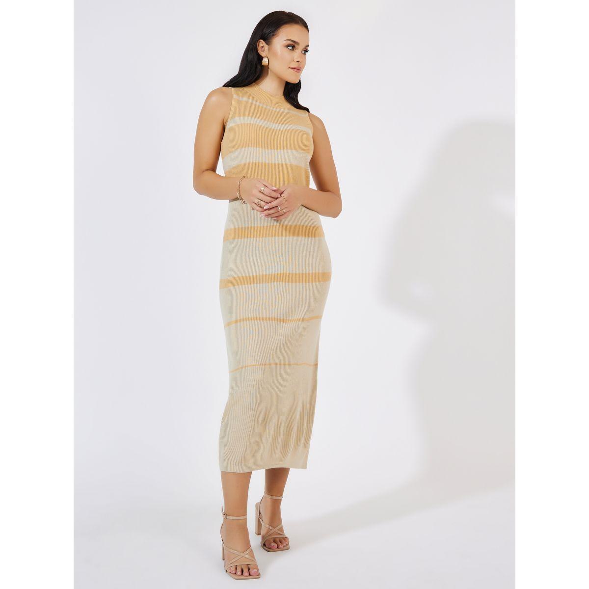 فستان ميدي ضيق بتفاصيل محبوك وشق جانبي-women-clothing-dresses-image-3