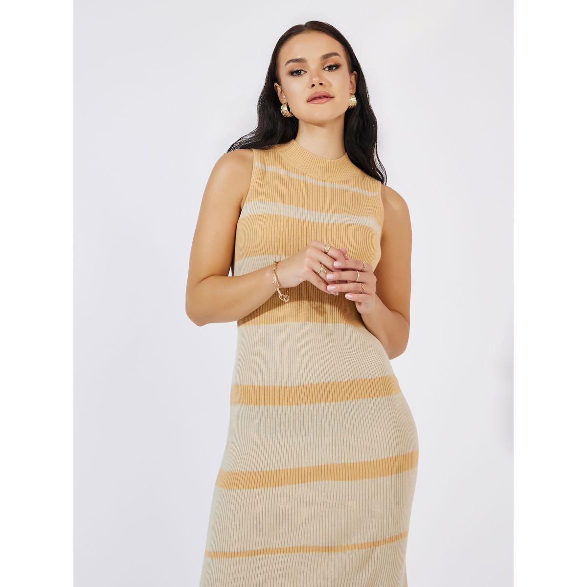 فستان ميدي ضيق بتفاصيل محبوك وشق جانبي-women-clothing-dresses-image-4