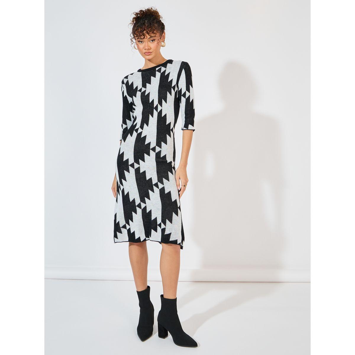فستان بطول الركبة مع طبعة هندسية-women-clothing-dresses-image-1