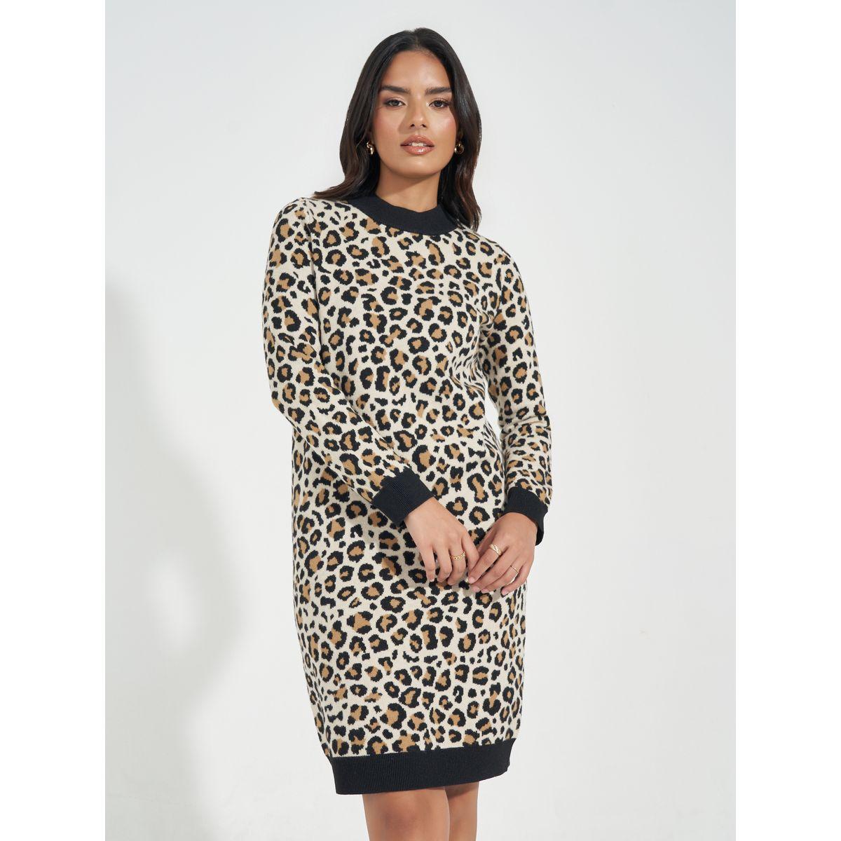 فستان محبوك بطول الركبة مع طبعة حيوان-women-clothing-dresses-image-1