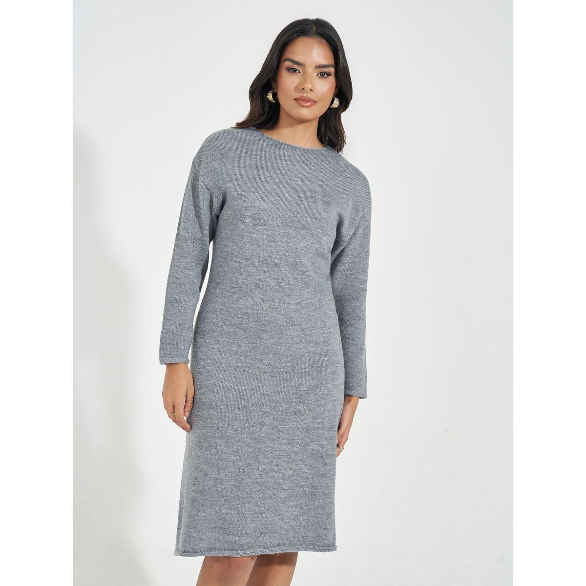 فستان سادة محبوك بطول الركبة-women-clothing-dresses-image-2
