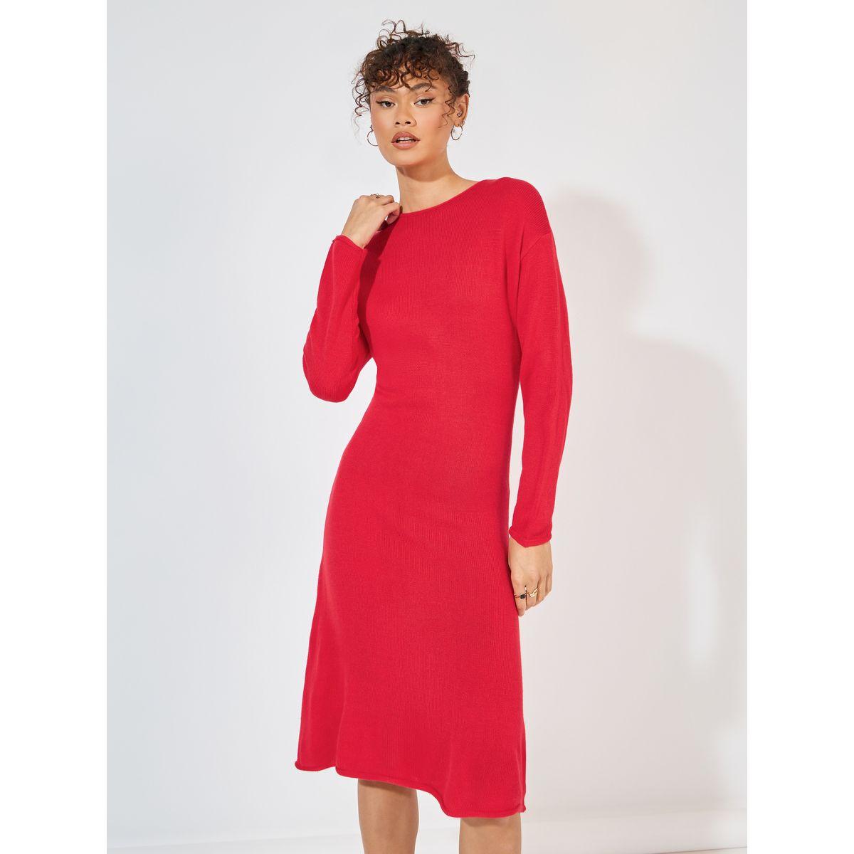 فستان سادة محبوك بطول الركبة-women-clothing-dresses-image-2