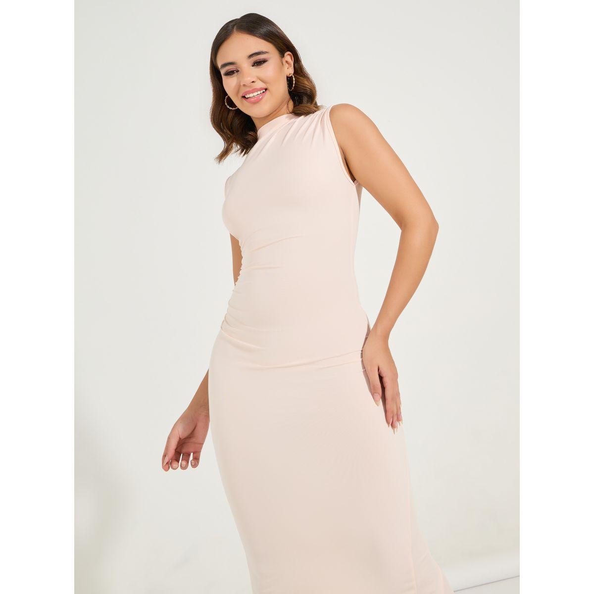 فستان بديكون طويل سادة بلا اكمام مع شق خلفي-women-clothing-dresses-image-4
