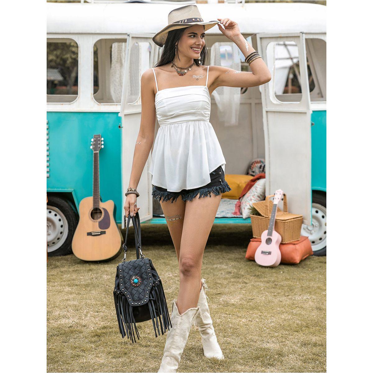 بلوزة سادة بحمالات مع تفاصيل مزمومة رَستي دَستي × ستايلي-women-clothing-tshirts-image-5