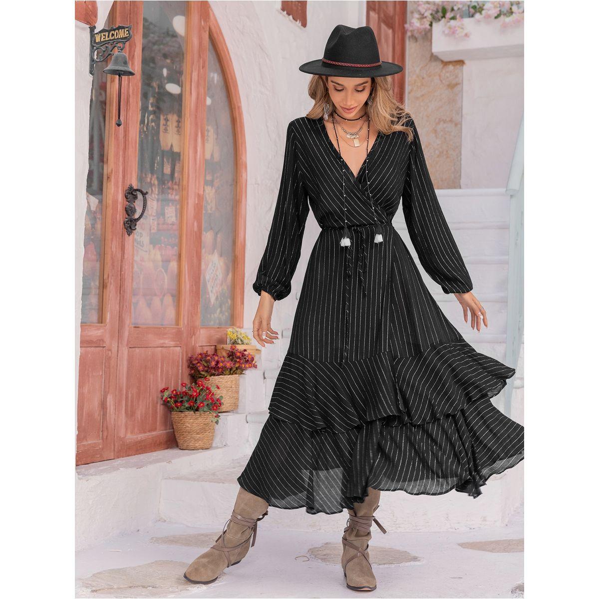 فستان ميدي مخطط بنمط لف وحافة كشكش رَستي دَستي × ستايلي-women-clothing-dresses-image-2