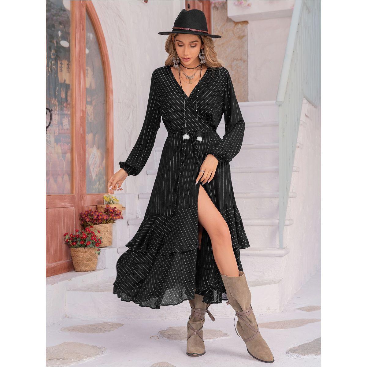 فستان ميدي مخطط بنمط لف وحافة كشكش رَستي دَستي × ستايلي-women-clothing-dresses-image-4