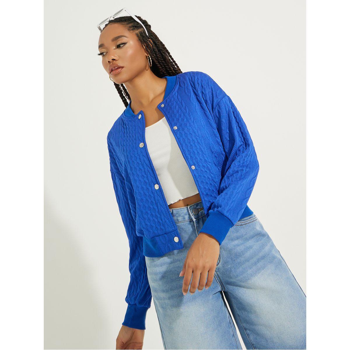 Styli Cable Knit Button Front Bomber Jacket with Drop Shoulder-women-winterwear-coatsandjackets-jackets-image-1