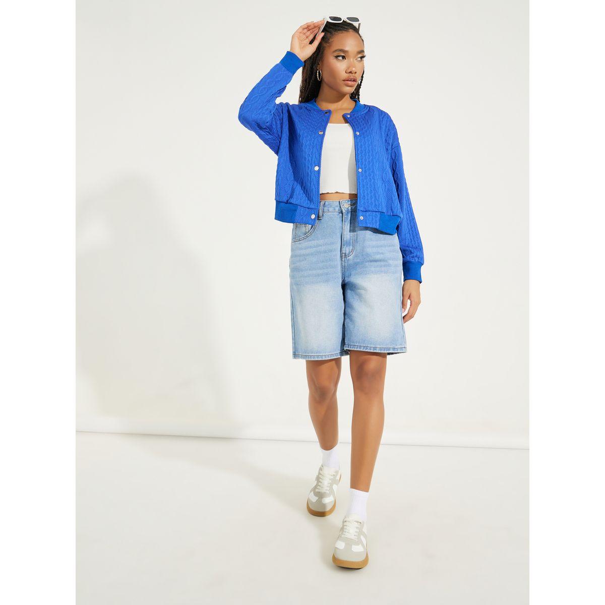 Styli Cable Knit Button Front Bomber Jacket with Drop Shoulder-women-winterwear-coatsandjackets-jackets-image-2