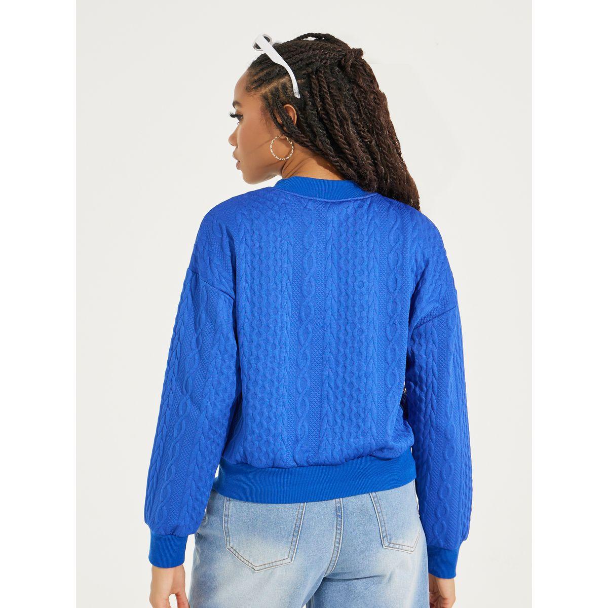 Styli Cable Knit Button Front Bomber Jacket with Drop Shoulder-women-winterwear-coatsandjackets-jackets-image-5