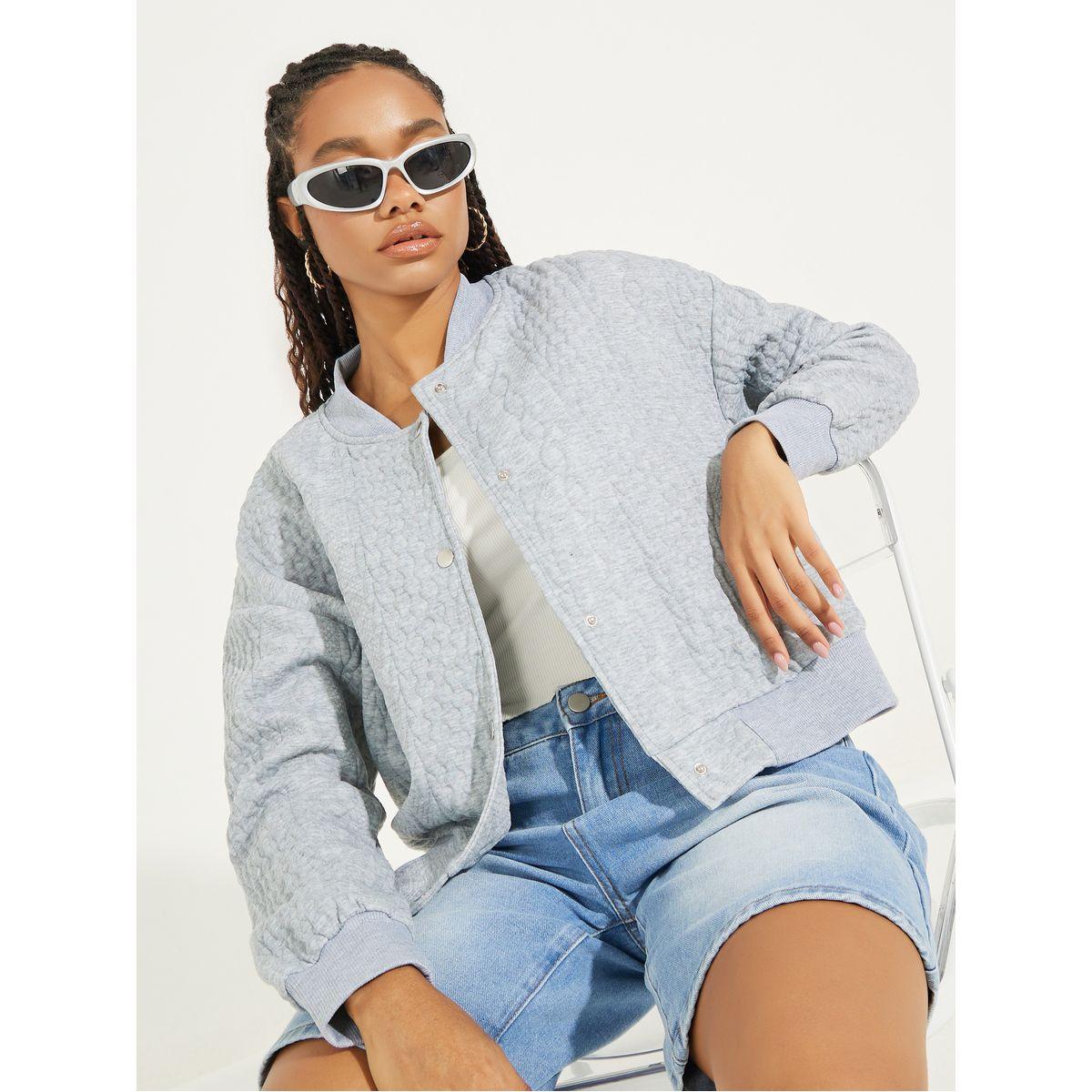 Styli Cable Knit Button Front Bomber Jacket with Drop Shoulder-women-winterwear-coatsandjackets-jackets-image-1