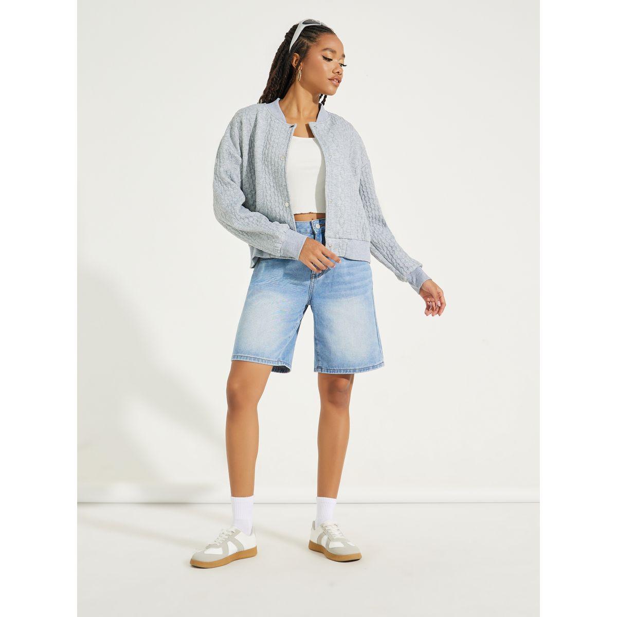 Styli Cable Knit Button Front Bomber Jacket with Drop Shoulder-women-winterwear-coatsandjackets-jackets-image-2