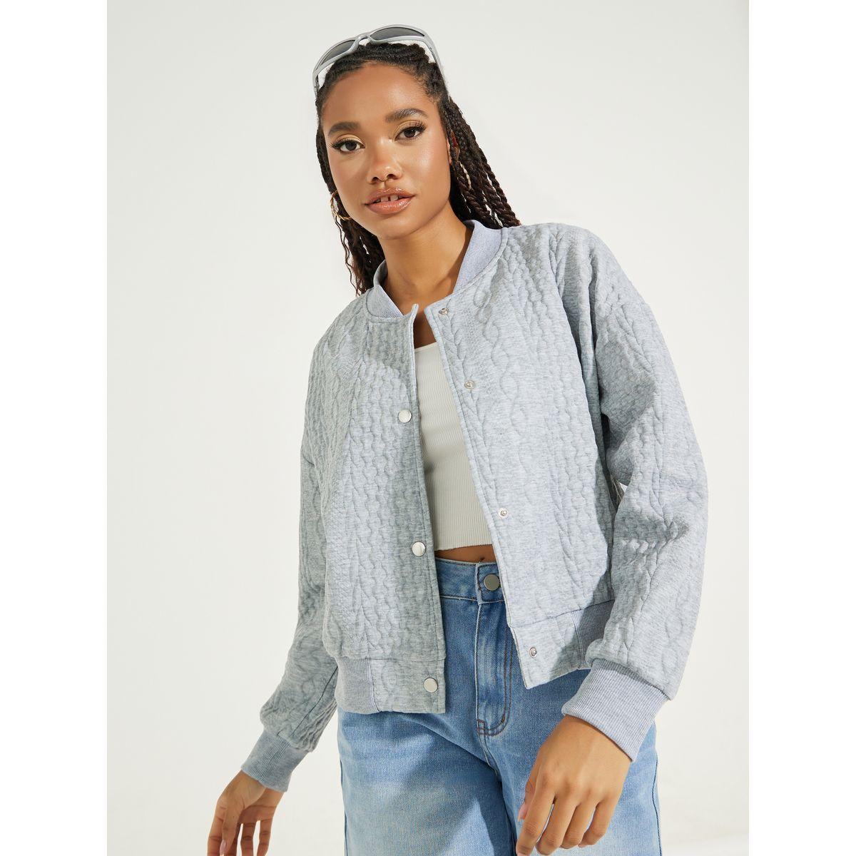 Styli Cable Knit Button Front Bomber Jacket with Drop Shoulder-women-winterwear-coatsandjackets-jackets-image-3