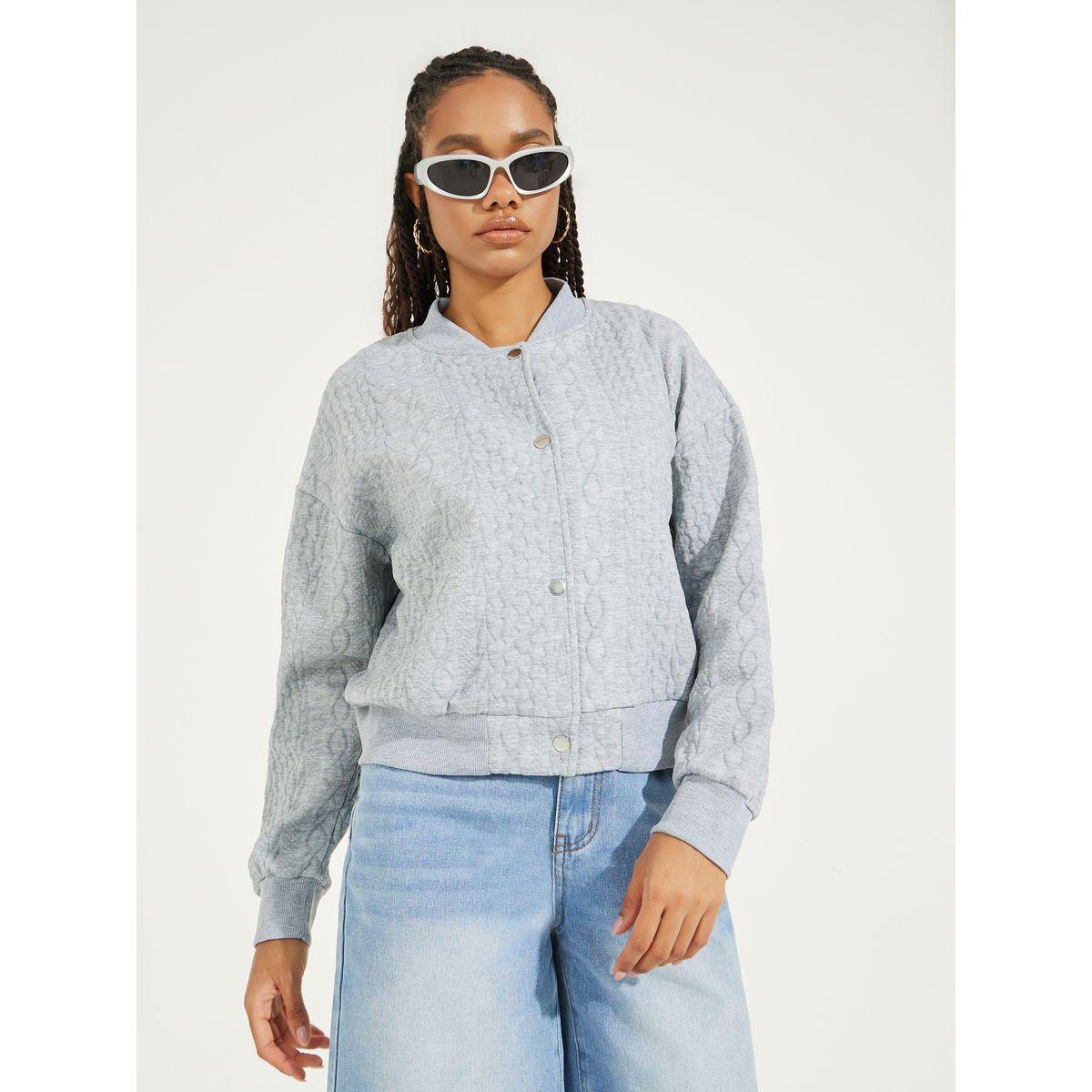 Styli Cable Knit Button Front Bomber Jacket with Drop Shoulder-women-winterwear-coatsandjackets-jackets-image-4