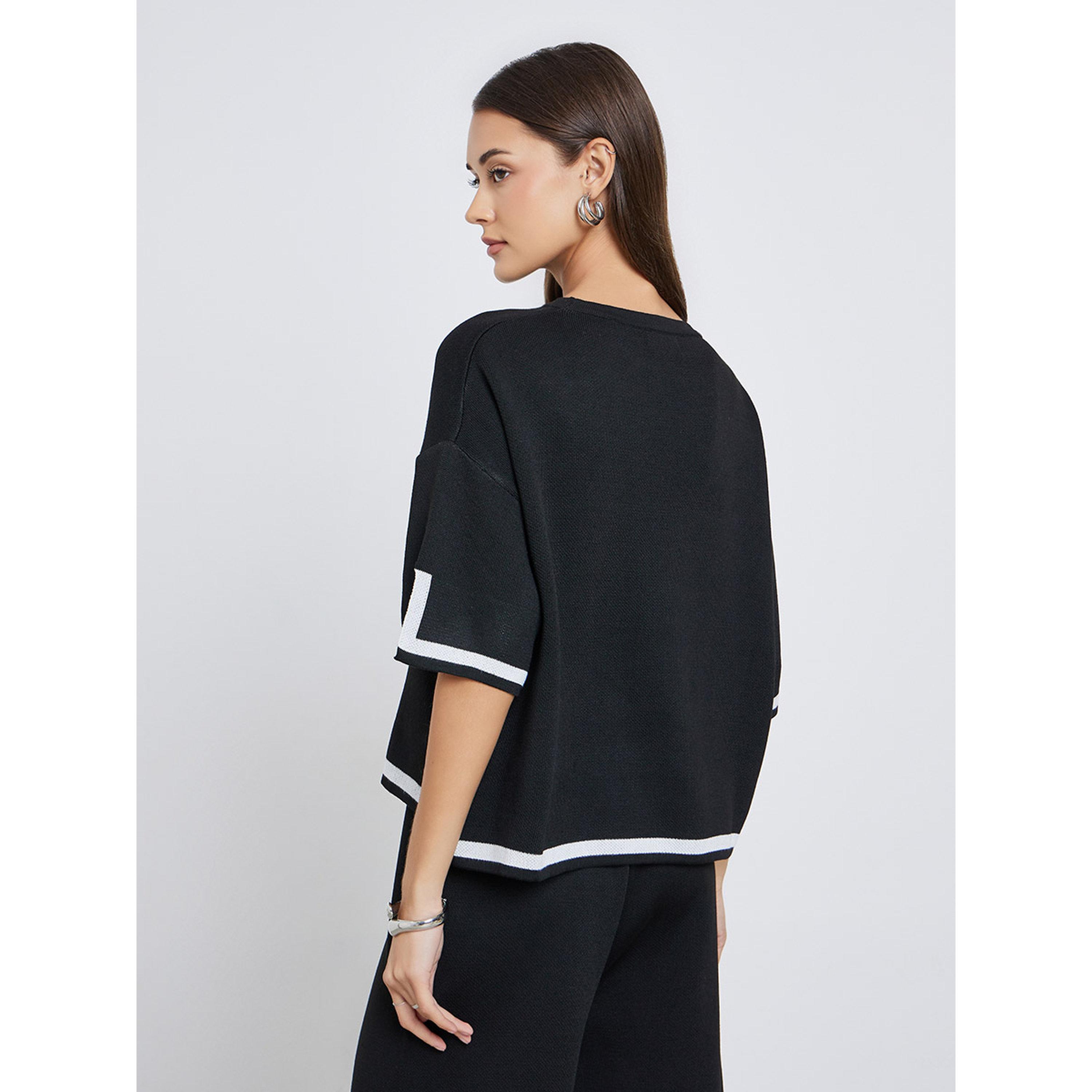 Styli Black Relaxed Knit Top with Contrast Trim-women-clothing-shirtsandblouses-blouses-image-3