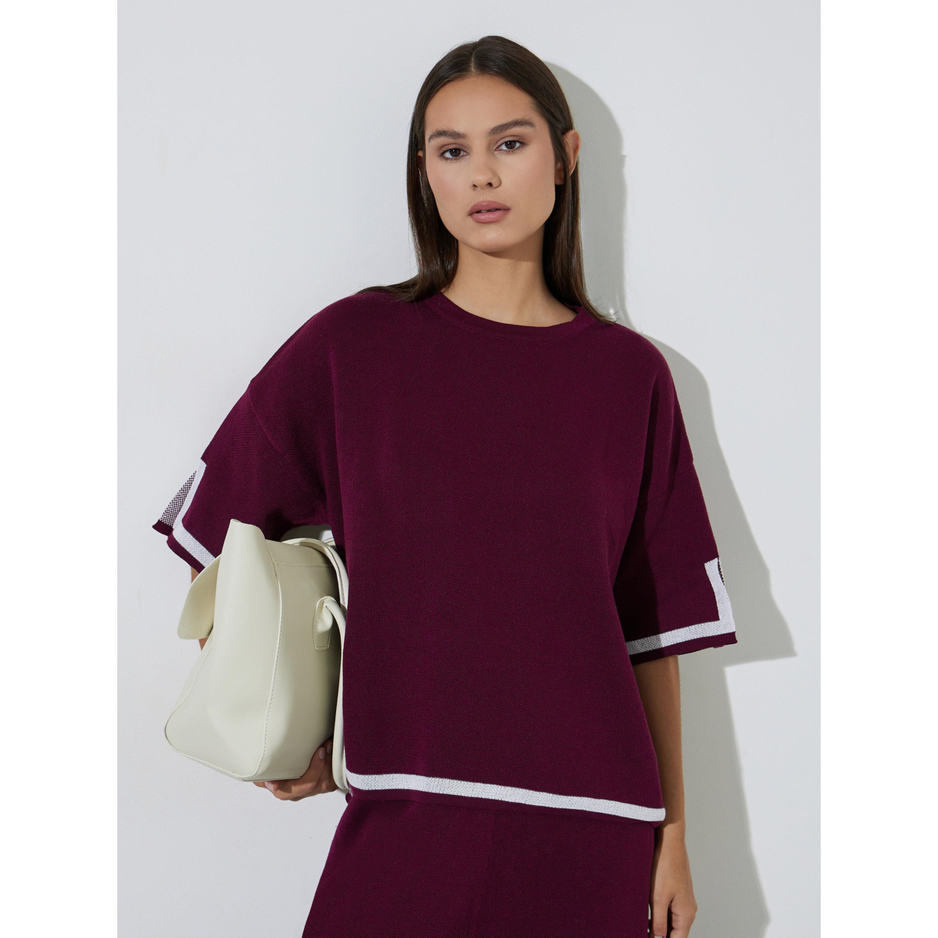 Styli Burgundy Relaxed Knit Top with Contrast Trim-women-clothing-shirtsandblouses-blouses-image-1