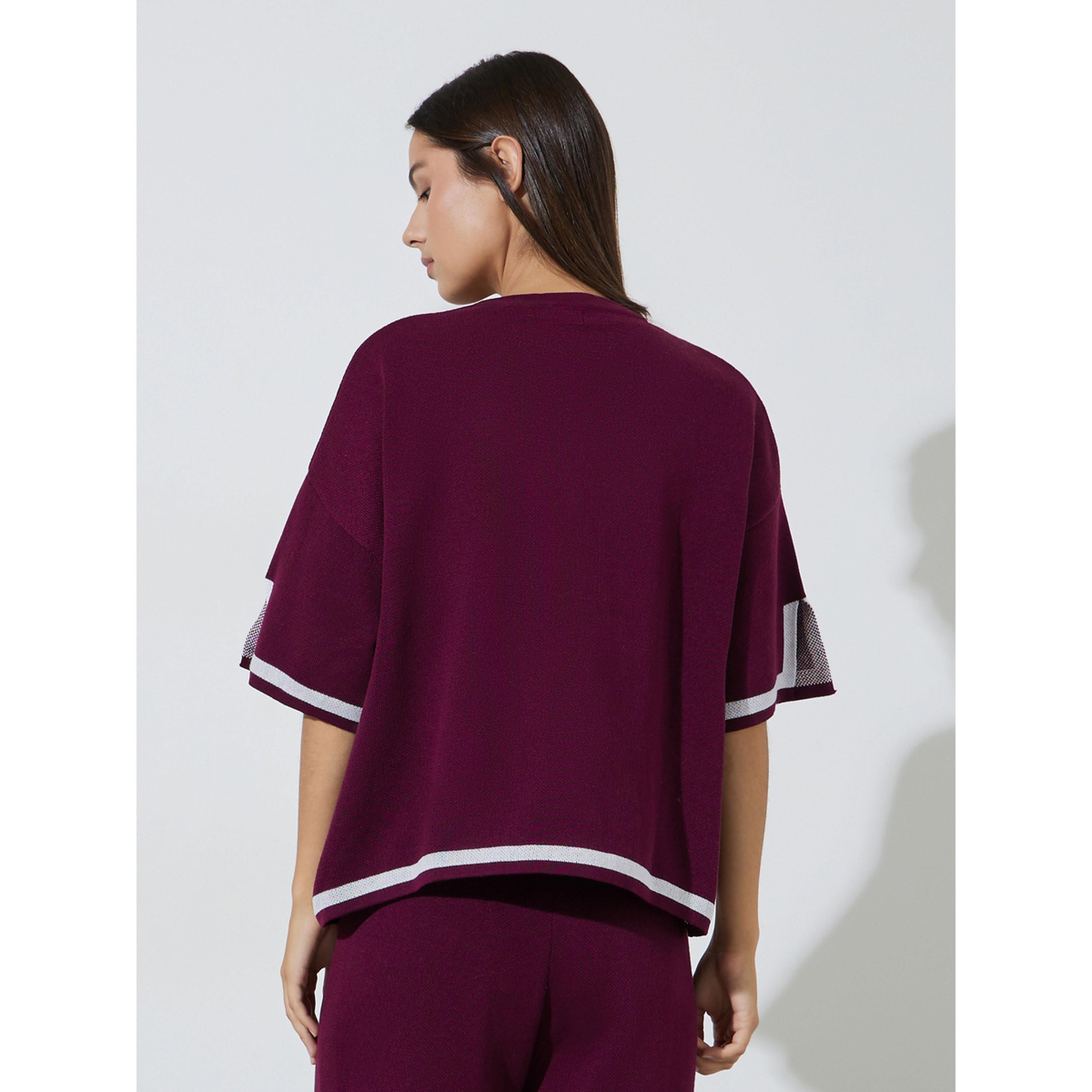 Styli Burgundy Relaxed Knit Top with Contrast Trim-women-clothing-shirtsandblouses-blouses-image-3