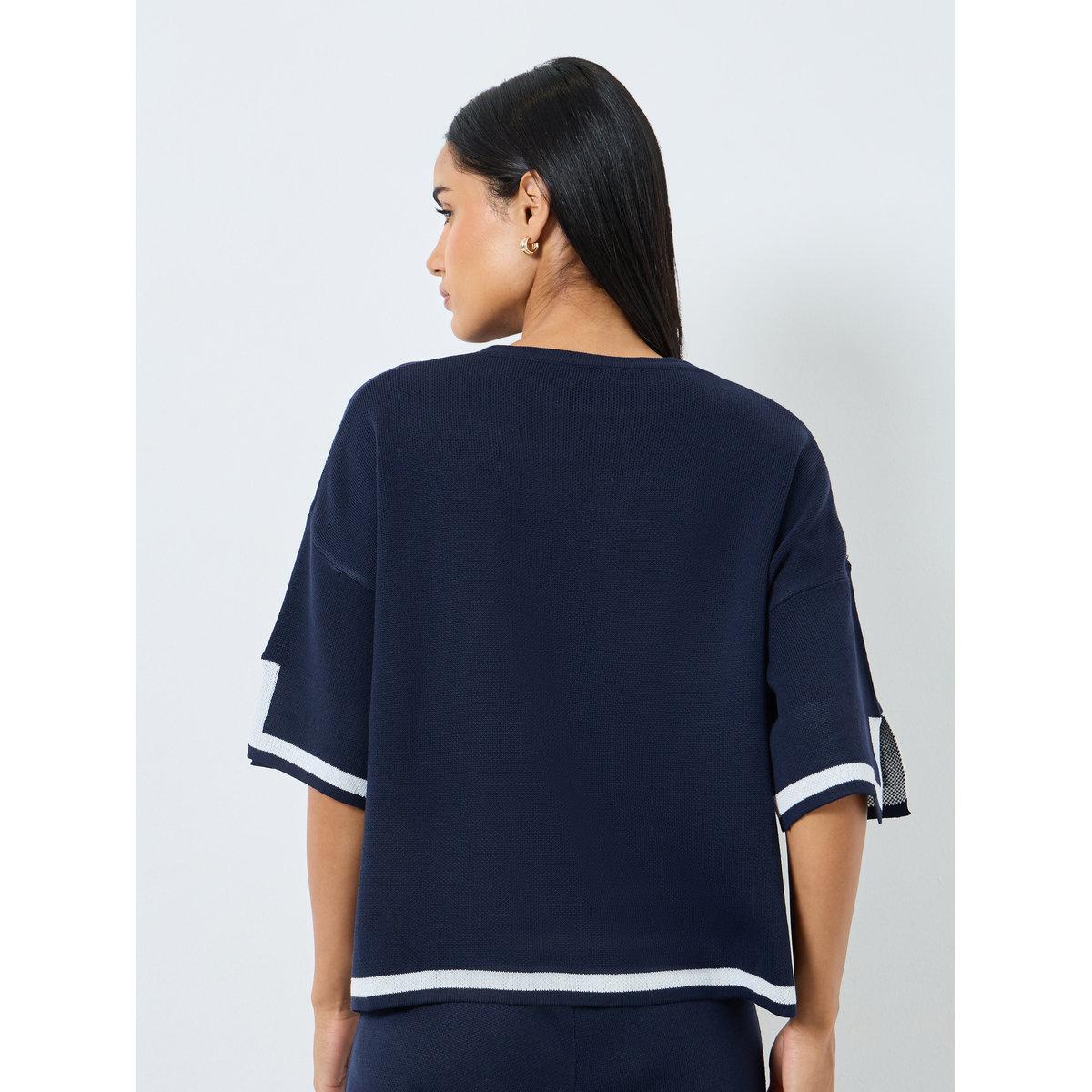 Styli Contrast Trim Slit Sleeve Knit Top-women-clothing-tshirts-image-5