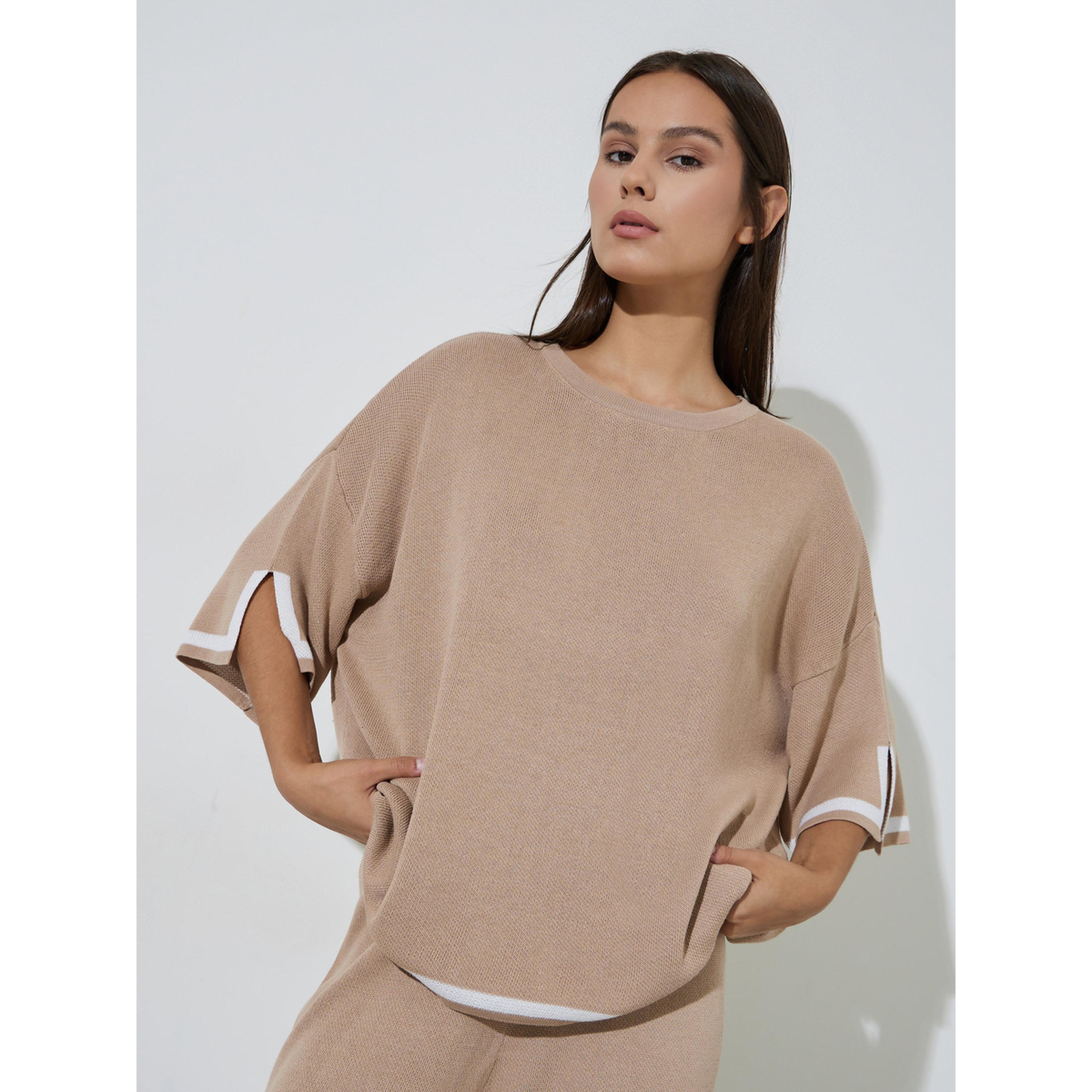 Styli Tan Relaxed Knit Top with Contrast Trim-women-clothing-shirtsandblouses-blouses-image-1
