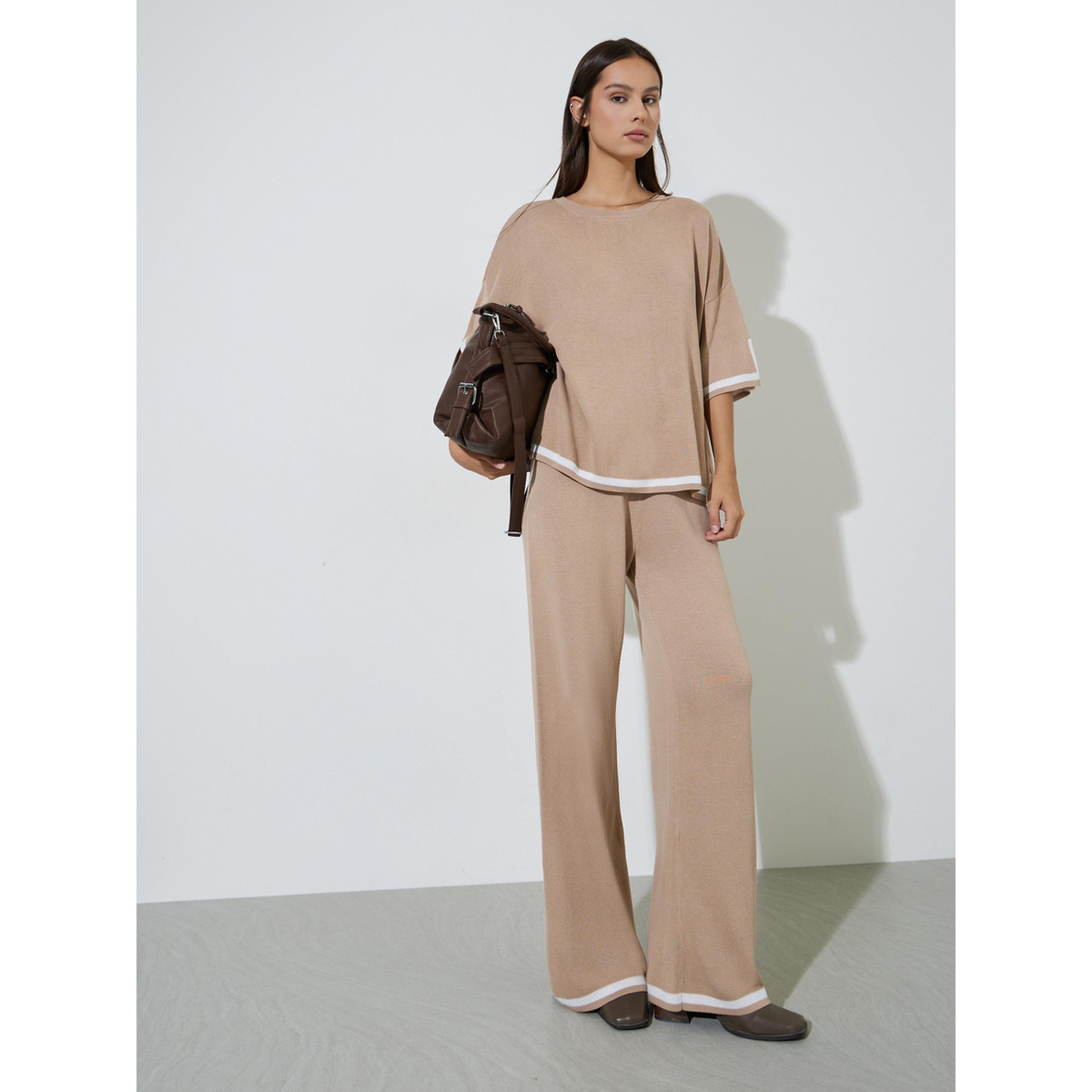 Styli Tan Relaxed Knit Top with Contrast Trim-women-clothing-shirtsandblouses-blouses-image-2