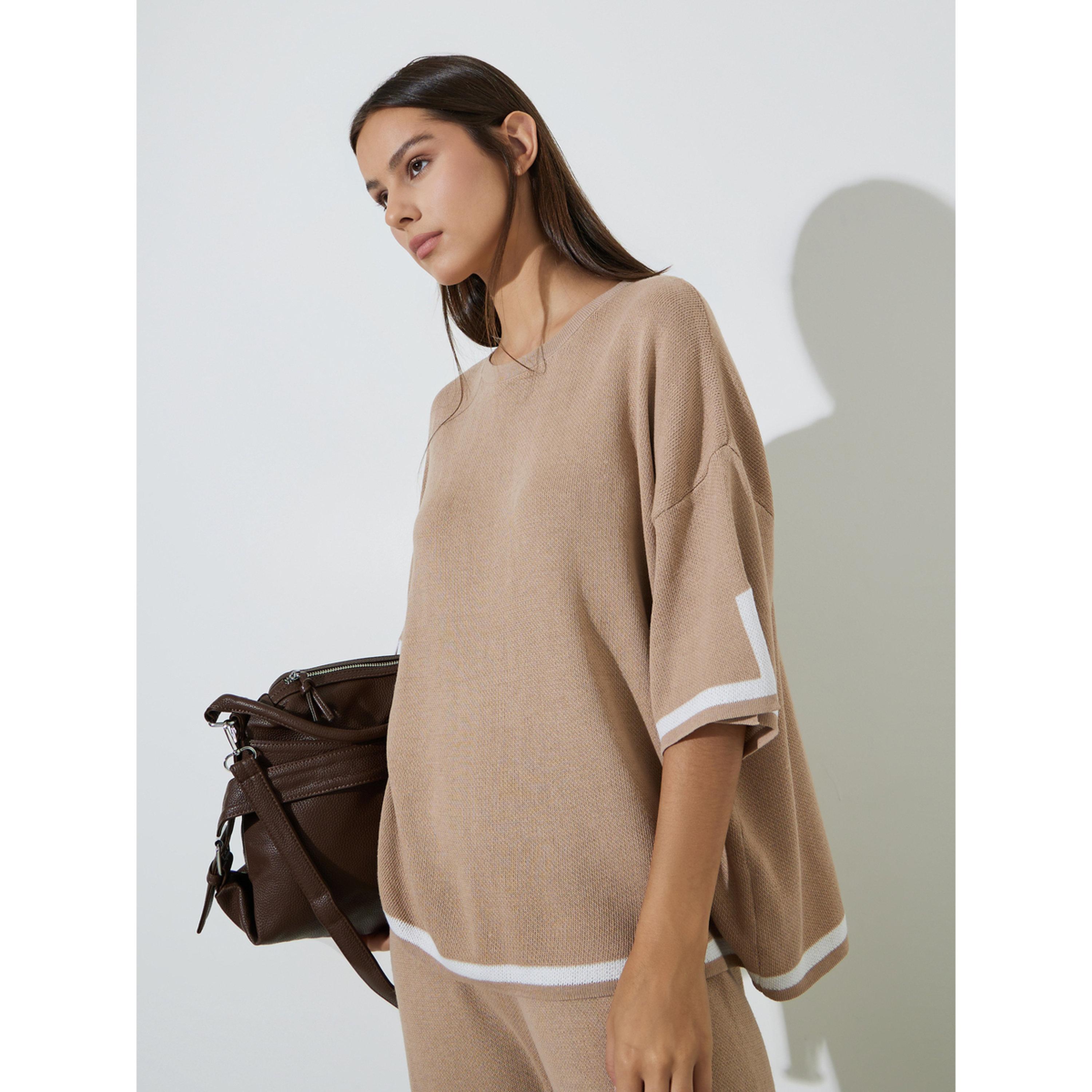 Styli Tan Relaxed Knit Top with Contrast Trim-women-clothing-shirtsandblouses-blouses-image-3