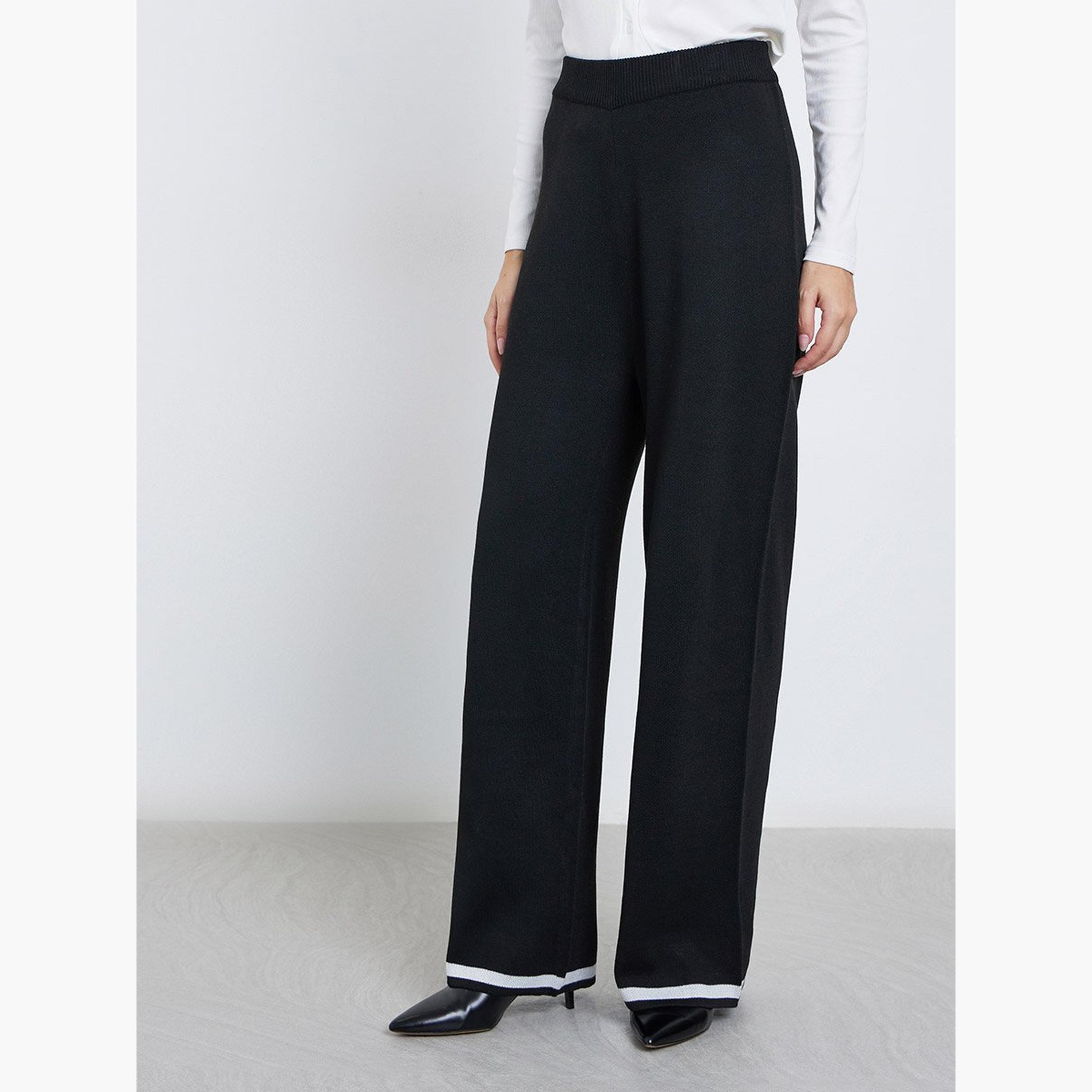 ستايلي - بنطال محبوك كاجوال واسع الساق مع حواف متباينة-women-clothing-bottoms-trousers-image-1