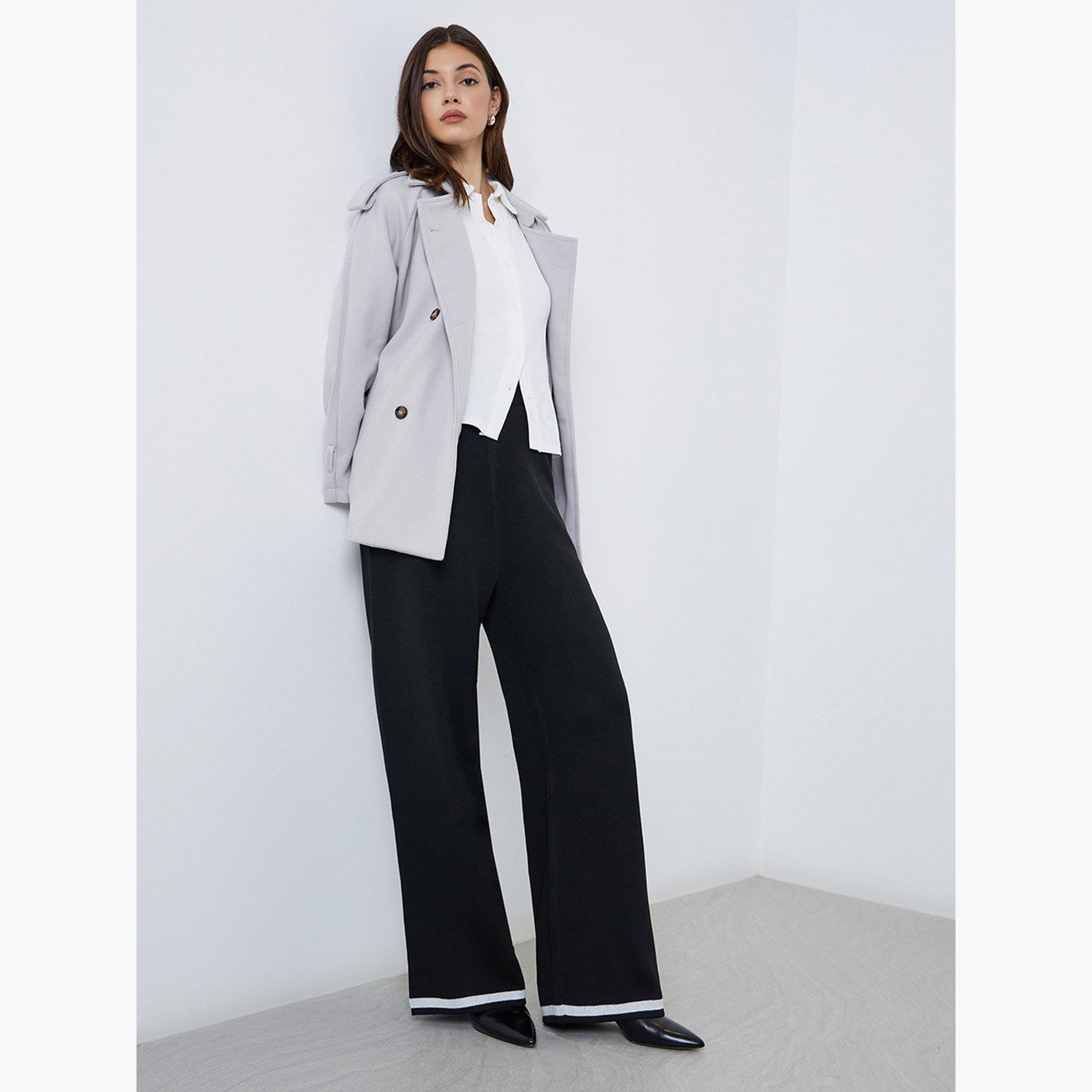 ستايلي - بنطال محبوك كاجوال واسع الساق مع حواف متباينة-women-clothing-bottoms-trousers-image-2